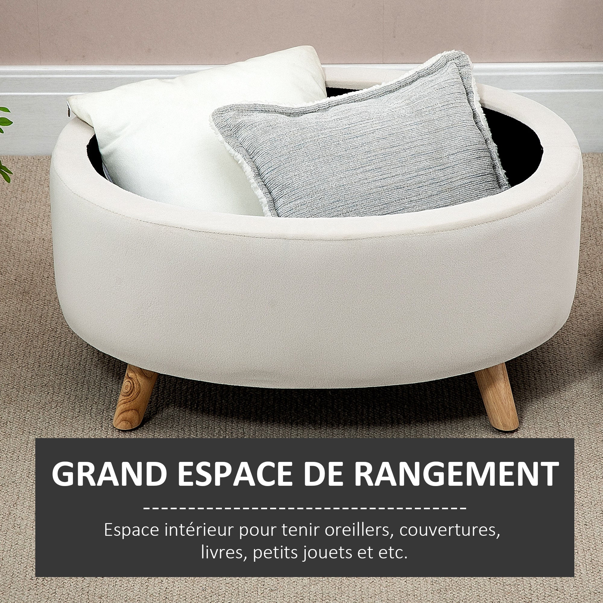 Coffre de Rangement, Tabouret Ovale, banc de rangement en Velours, Pieds en Bois d'hévéa, pour la Chambre à Coucher, entrée, Salon, Charge 120 Kg, 71 x 51,5 x 42 cm, Beige - Image 5