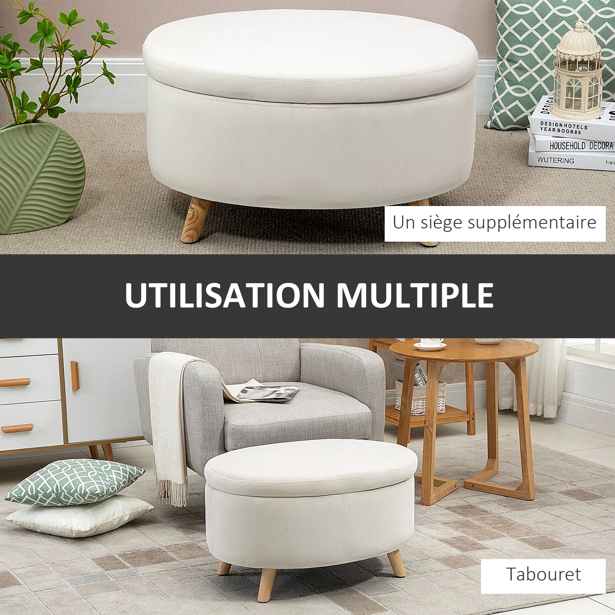 Coffre de Rangement, Tabouret Ovale, banc de rangement en Velours, Pieds en Bois d'hévéa, pour la Chambre à Coucher, entrée, Salon, Charge 120 Kg, 71 x 51,5 x 42 cm, Beige - Image 6