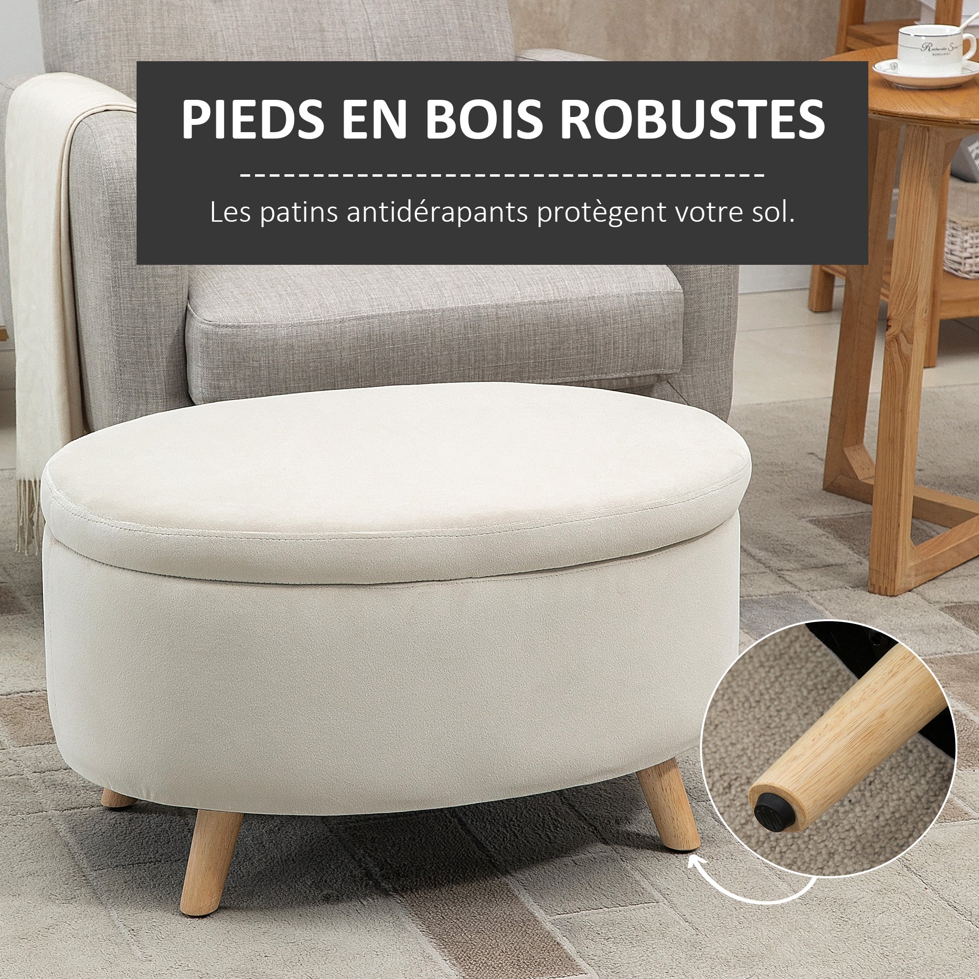 Coffre de Rangement, Tabouret Ovale, banc de rangement en Velours, Pieds en Bois d'hévéa, pour la Chambre à Coucher, entrée, Salon, Charge 120 Kg, 71 x 51,5 x 42 cm, Beige - Image 7
