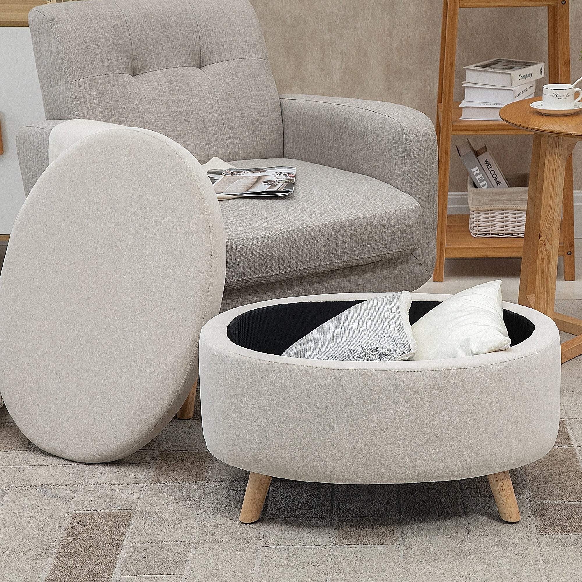 Coffre de Rangement, Tabouret Ovale, banc de rangement en Velours, Pieds en Bois d'hévéa, pour la Chambre à Coucher, entrée, Salon, Charge 120 Kg, 71 x 51,5 x 42 cm, Beige - Image 8