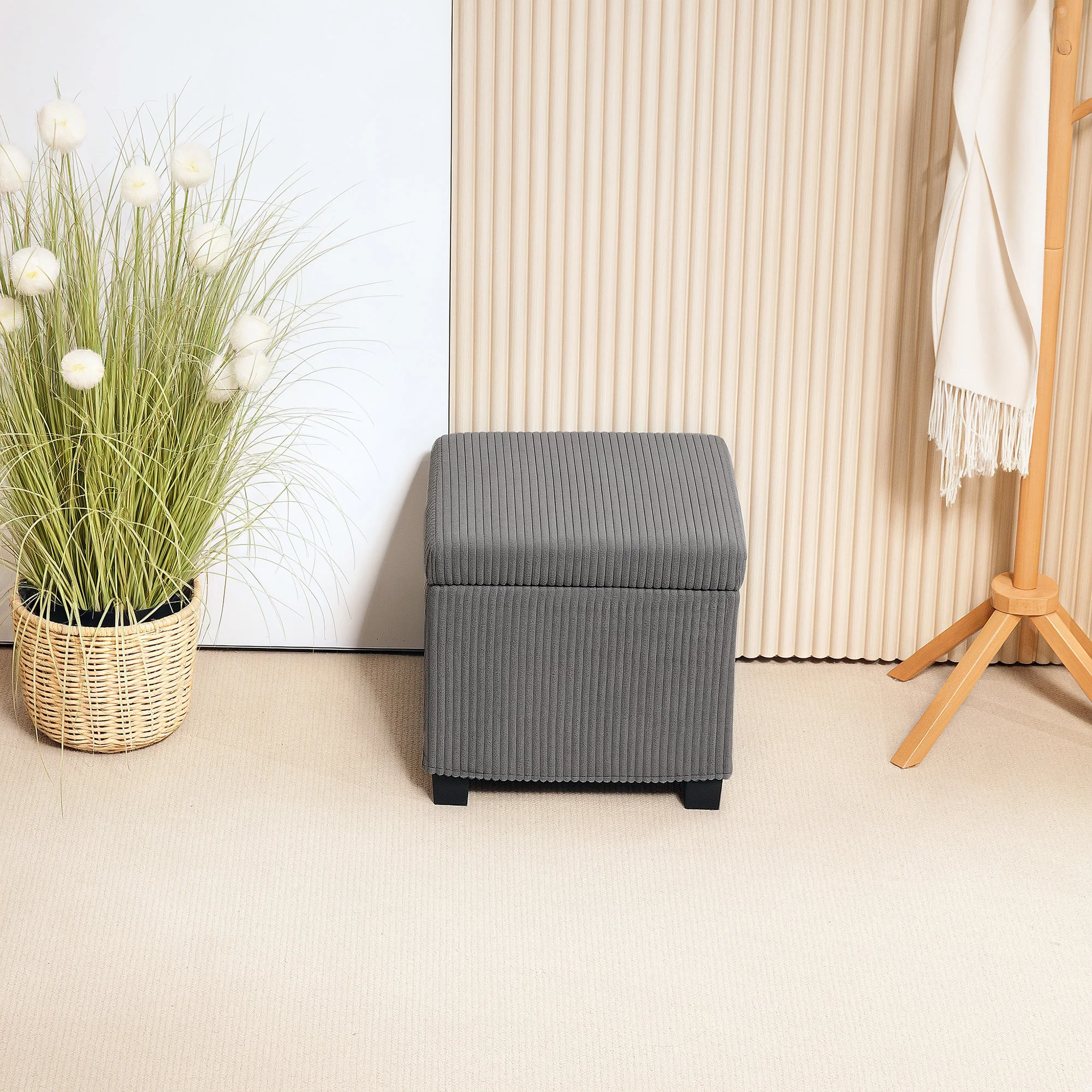 Coffre pouf rangement 30 L, tabouret de rangement avec couvercle amovible, ottoman repose-pied cube rembourré en velours c?telé, pour salon chambre entrée, charge 120 Kg, 40 x 40 x 40 cm, gris - Image 10