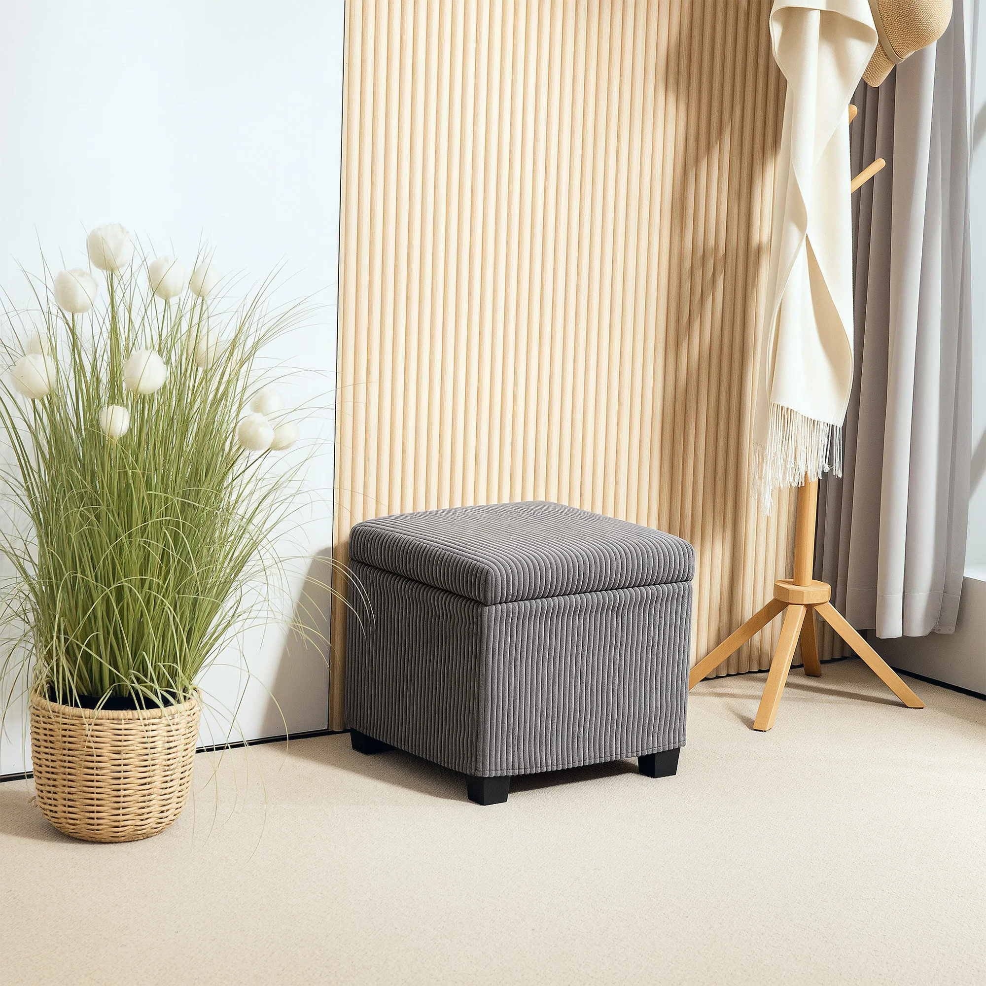 Coffre pouf rangement 30 L, tabouret de rangement avec couvercle amovible, ottoman repose-pied cube rembourré en velours c?telé, pour salon chambre entrée, charge 120 Kg, 40 x 40 x 40 cm, gris - Image 3