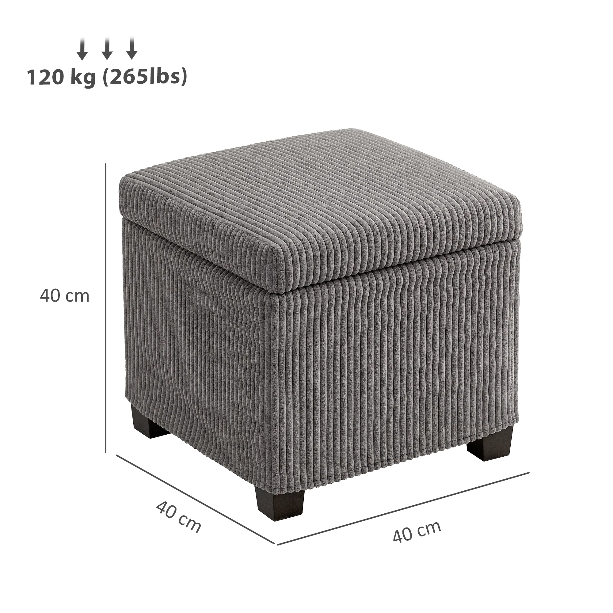 Coffre pouf rangement 30 L, tabouret de rangement avec couvercle amovible, ottoman repose-pied cube rembourré en velours c?telé, pour salon chambre entrée, charge 120 Kg, 40 x 40 x 40 cm, gris - Image 4