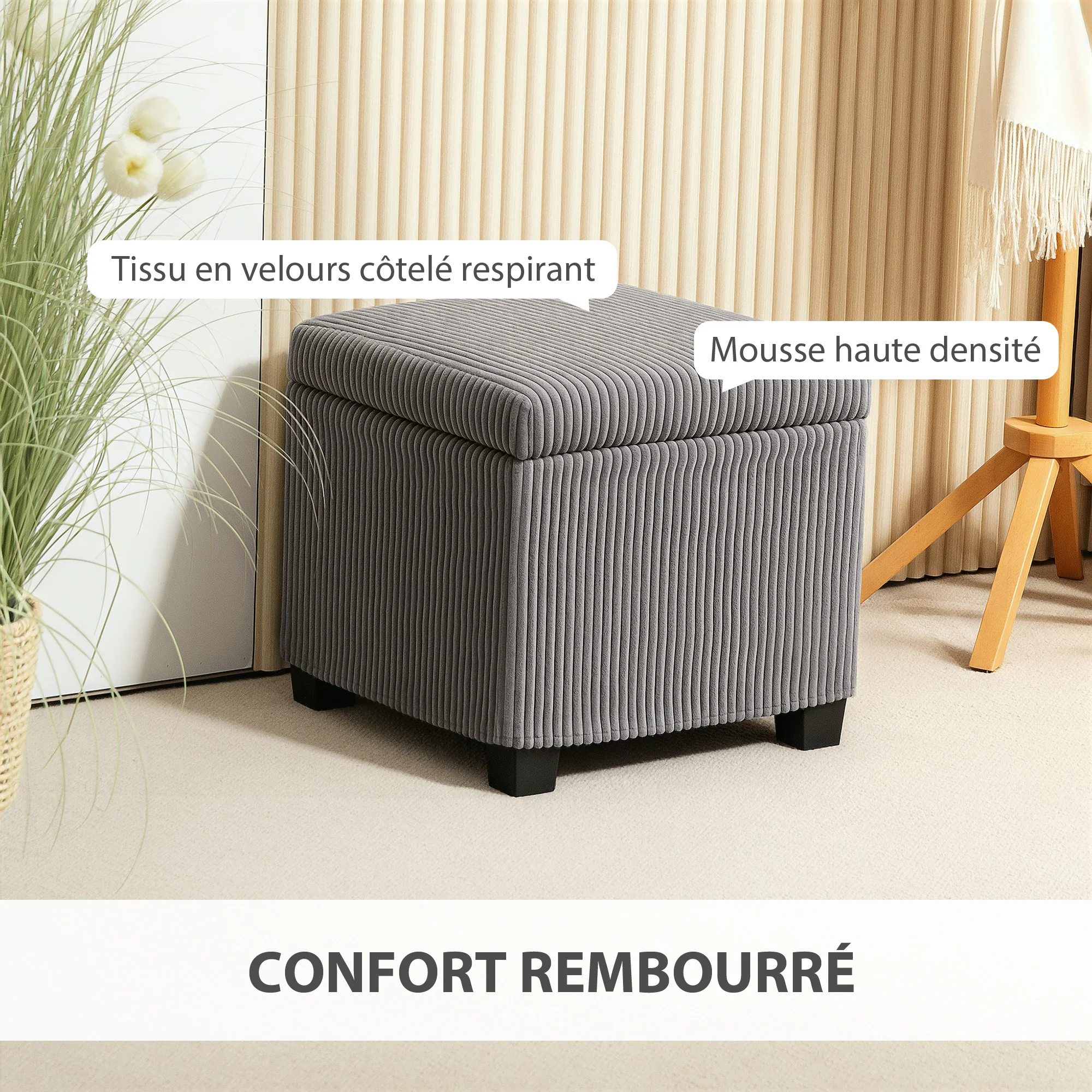 Coffre pouf rangement 30 L, tabouret de rangement avec couvercle amovible, ottoman repose-pied cube rembourré en velours c?telé, pour salon chambre entrée, charge 120 Kg, 40 x 40 x 40 cm, gris - Image 5