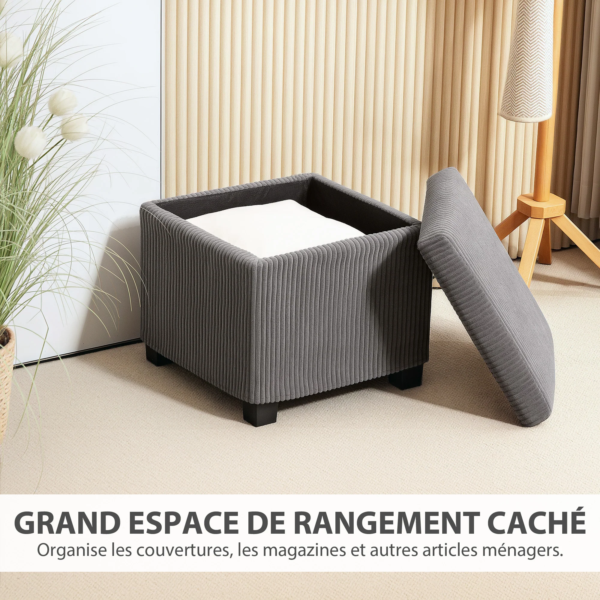 Coffre pouf rangement 30 L, tabouret de rangement avec couvercle amovible, ottoman repose-pied cube rembourré en velours c?telé, pour salon chambre entrée, charge 120 Kg, 40 x 40 x 40 cm, gris - Image 6