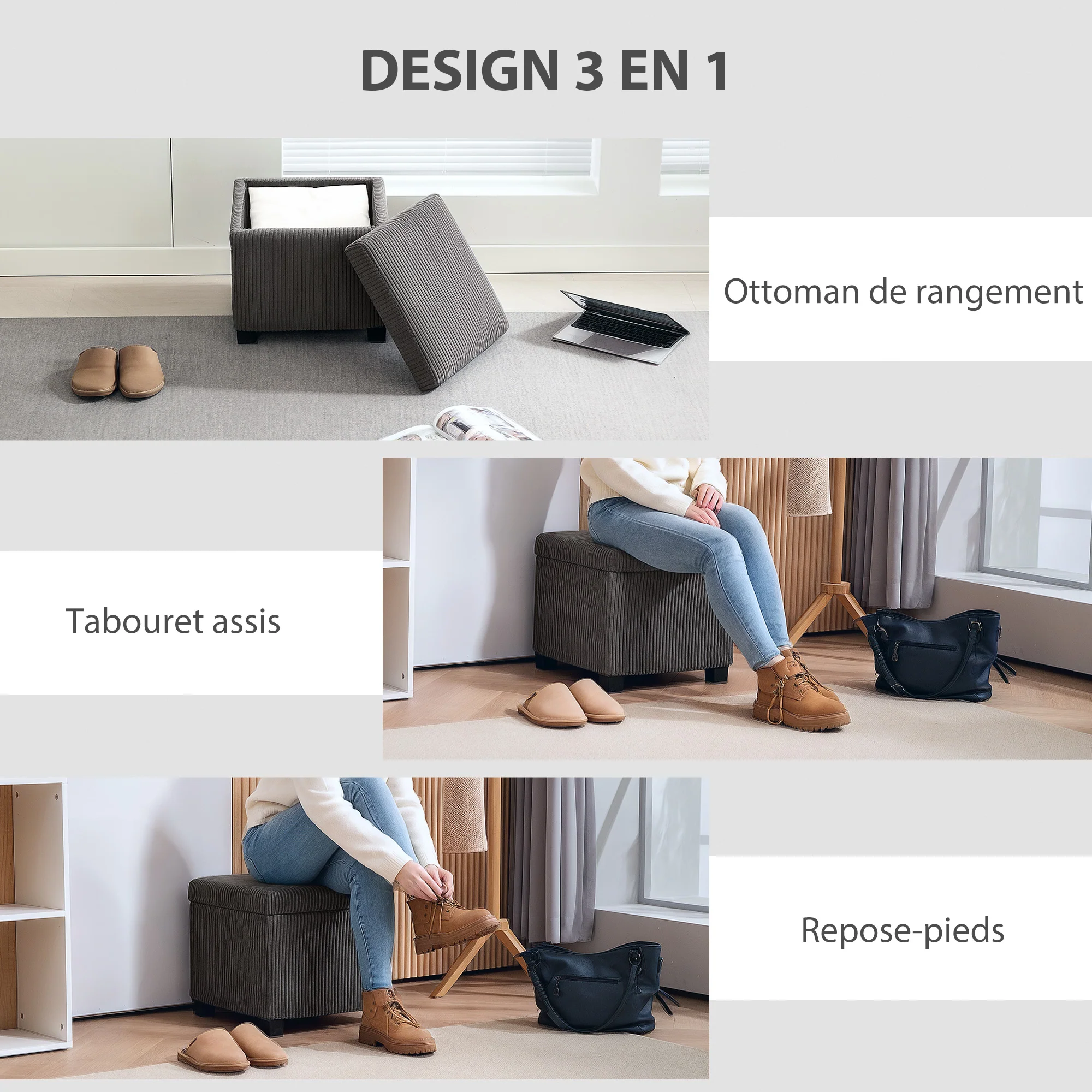 Coffre pouf rangement 30 L, tabouret de rangement avec couvercle amovible, ottoman repose-pied cube rembourré en velours c?telé, pour salon chambre entrée, charge 120 Kg, 40 x 40 x 40 cm, gris - Image 7