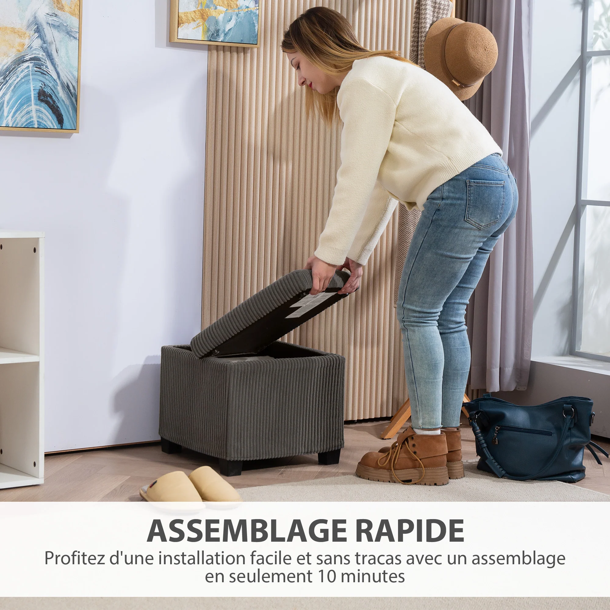 Coffre pouf rangement 30 L, tabouret de rangement avec couvercle amovible, ottoman repose-pied cube rembourré en velours c?telé, pour salon chambre entrée, charge 120 Kg, 40 x 40 x 40 cm, gris - Image 8