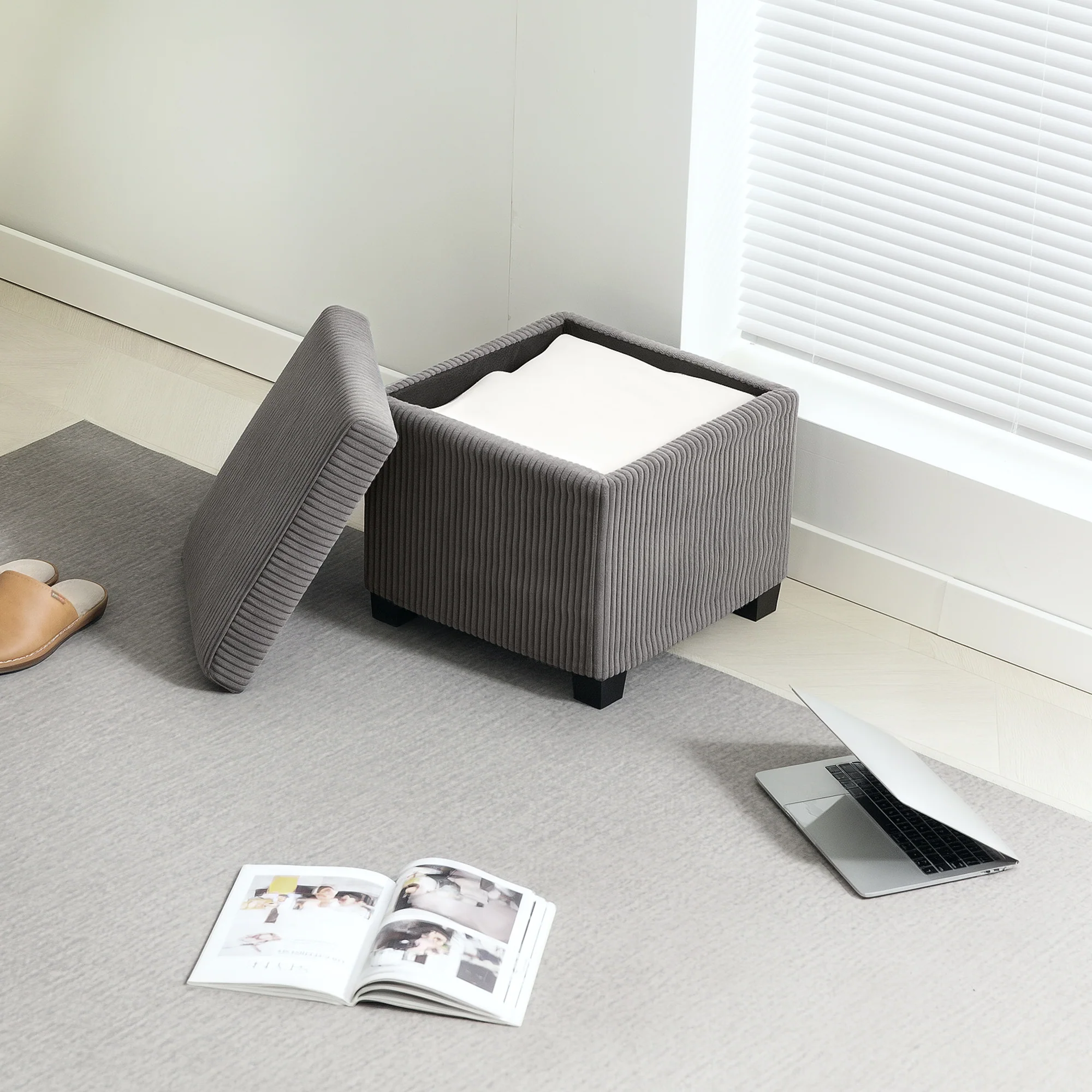 Coffre pouf rangement 30 L, tabouret de rangement avec couvercle amovible, ottoman repose-pied cube rembourré en velours c?telé, pour salon chambre entrée, charge 120 Kg, 40 x 40 x 40 cm, gris - Image 9