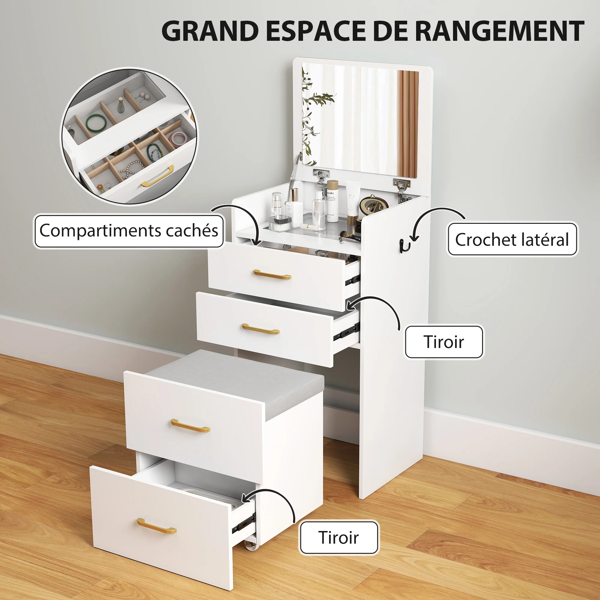 Coiffeuse avec miroir et tabouret 3 en 1, table de maquillage avec 3 tiroirs, plateau en verre visible, coussin rembourré et roulettes, bureau coiffeuse, 48 x 40 x 90 cm, blanc - Image 7
