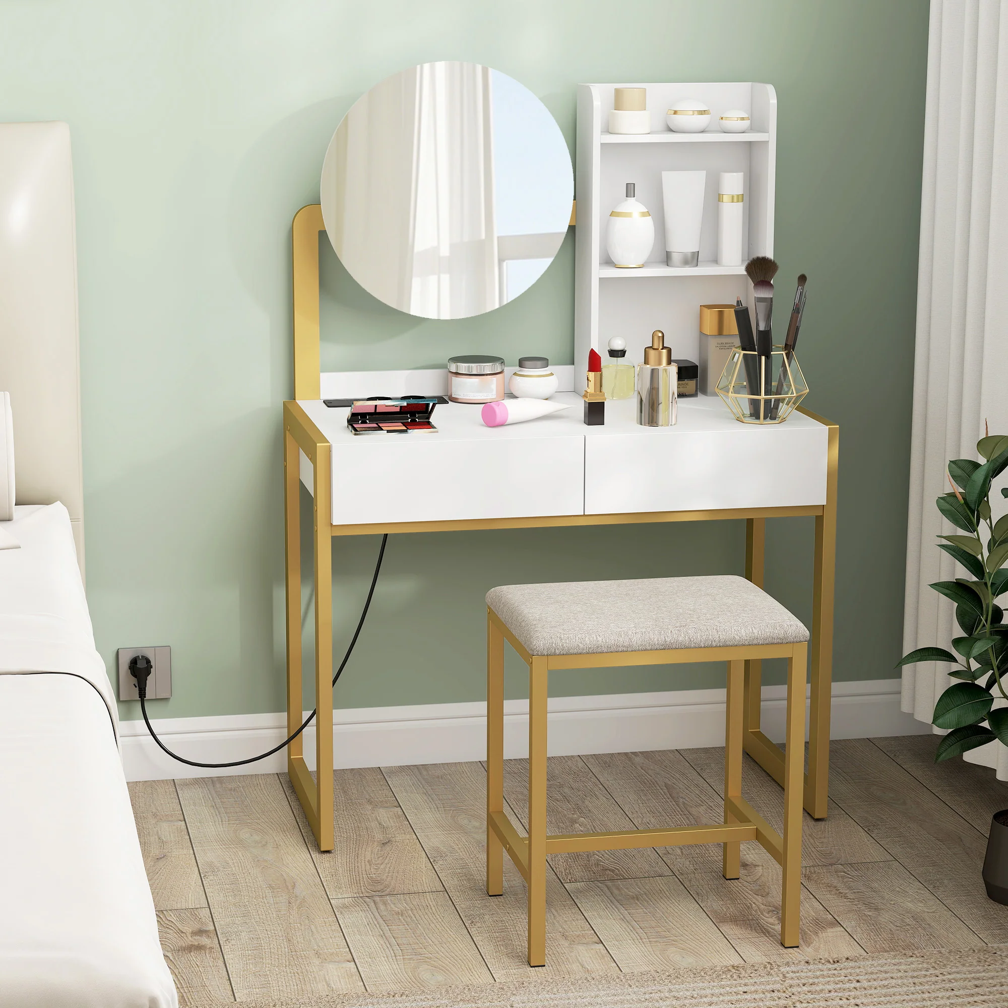 Coiffeuse avec miroir et tabouret, station de charge, table de maquillage avec 2 tiroirs, 3 étagères ouvertes, assise rembourrée, cadre en métal, pour chambre à coucher, blanc - Image 3