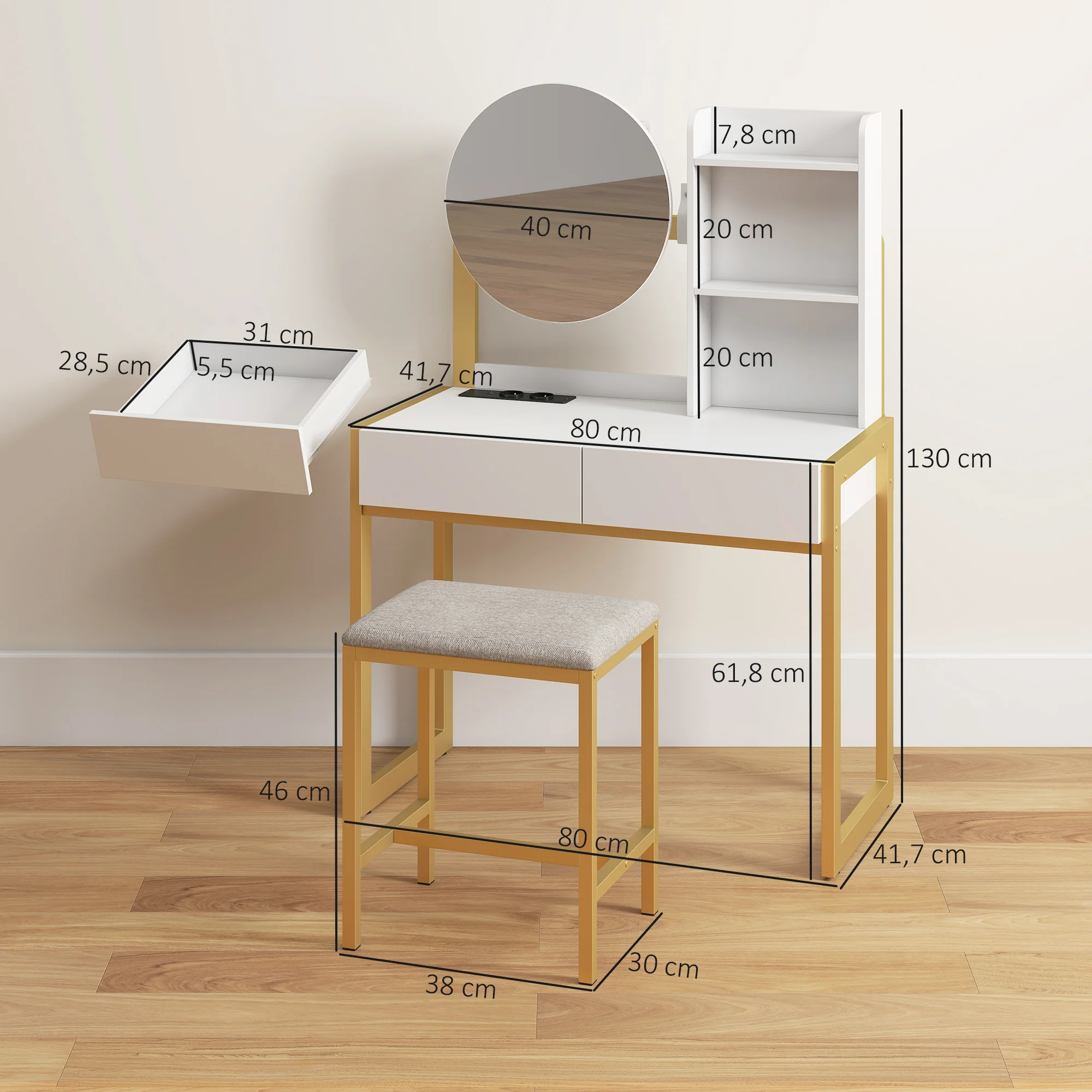 Coiffeuse avec miroir et tabouret, station de charge, table de maquillage avec 2 tiroirs, 3 étagères ouvertes, assise rembourrée, cadre en métal, pour chambre à coucher, blanc - Image 4