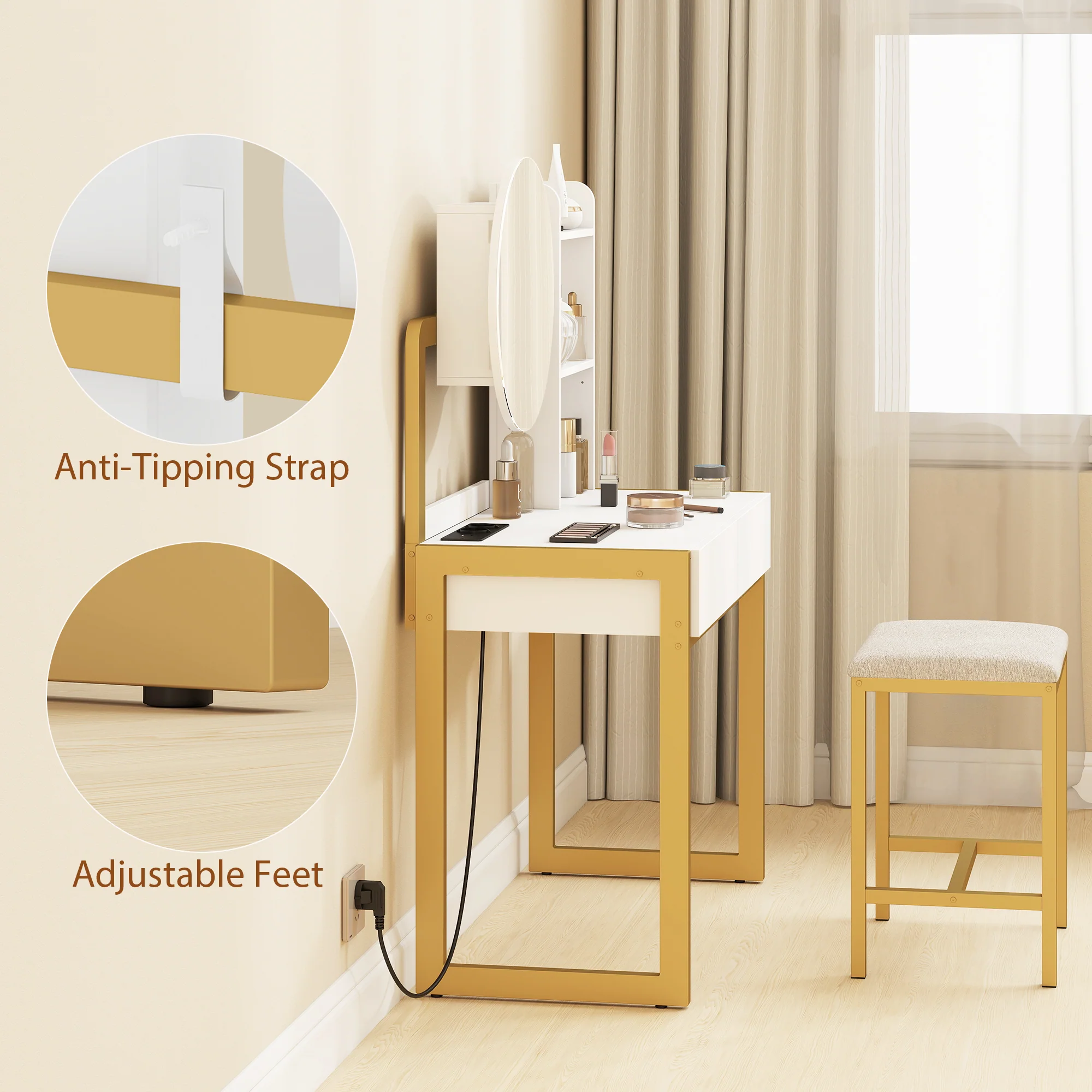 Coiffeuse avec miroir et tabouret, station de charge, table de maquillage avec 2 tiroirs, 3 étagères ouvertes, assise rembourrée, cadre en métal, pour chambre à coucher, blanc - Image 5