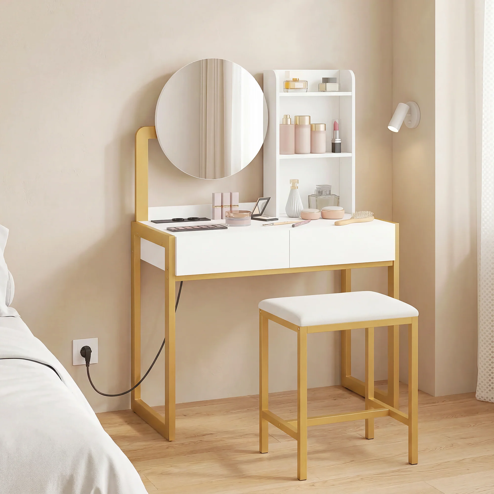 Coiffeuse avec miroir et tabouret, station de charge, table de maquillage avec 2 tiroirs, 3 étagères ouvertes, assise rembourrée, cadre en métal, pour chambre à coucher, blanc - Image 6