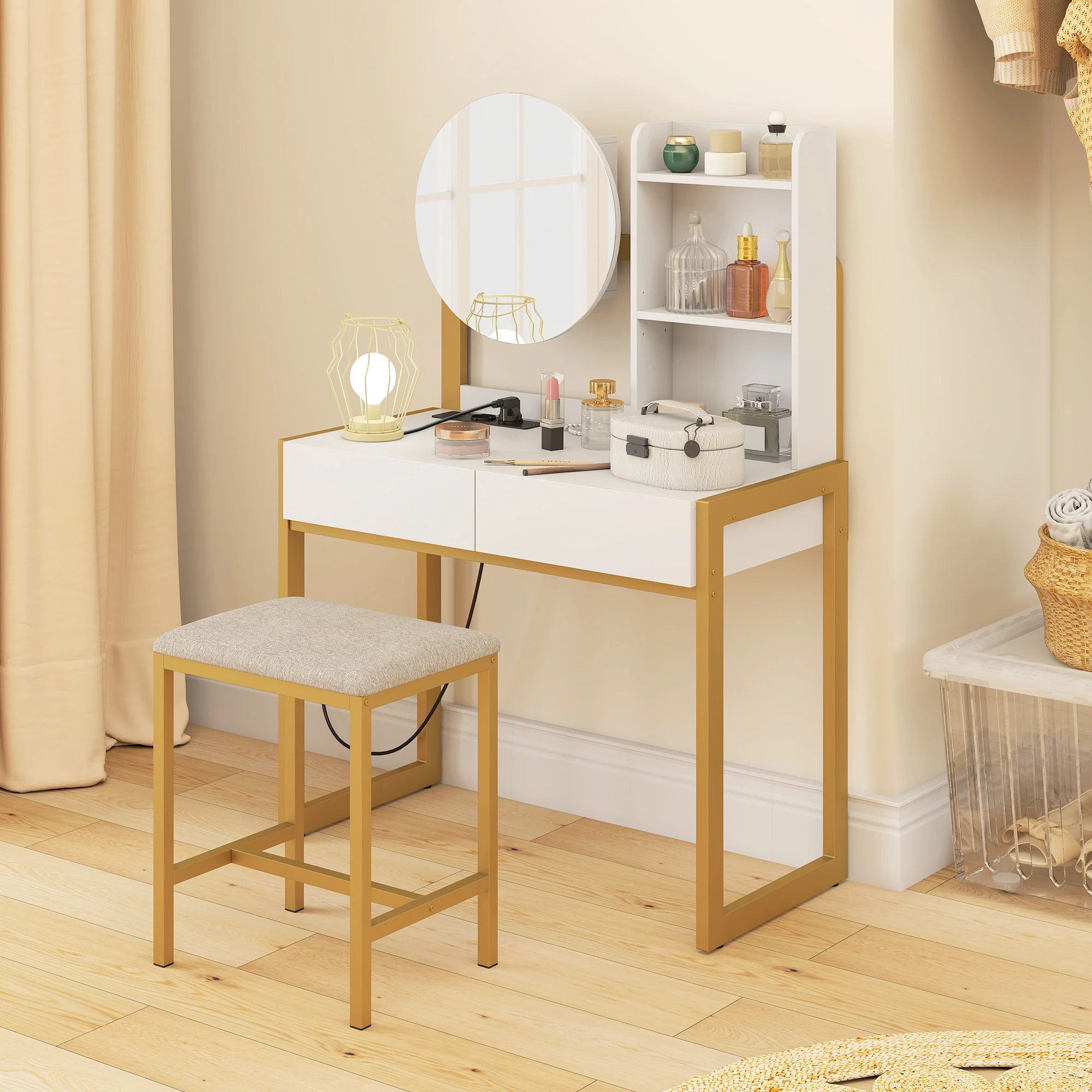 Coiffeuse avec miroir et tabouret, station de charge, table de maquillage avec 2 tiroirs, 3 étagères ouvertes, assise rembourrée, cadre en métal, pour chambre à coucher, blanc - Image 7