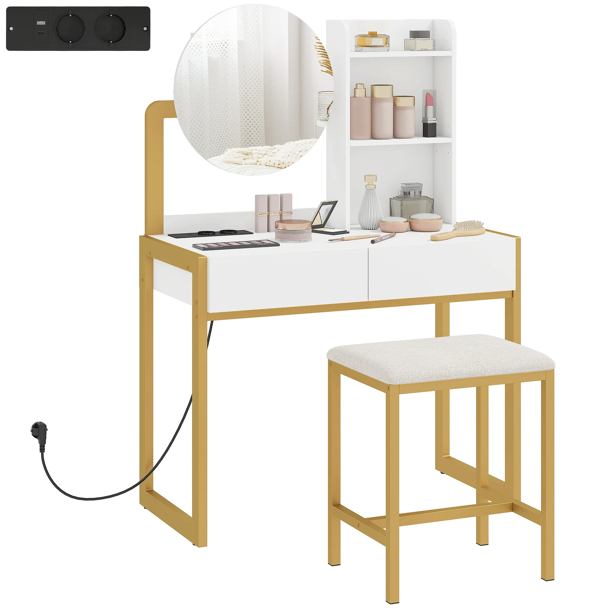 Coiffeuse avec miroir et tabouret, station de charge, table de maquillage avec 2 tiroirs, 3 étagères ouvertes, assise rembourrée, cadre en métal, pour chambre à coucher, blanc - Image 8