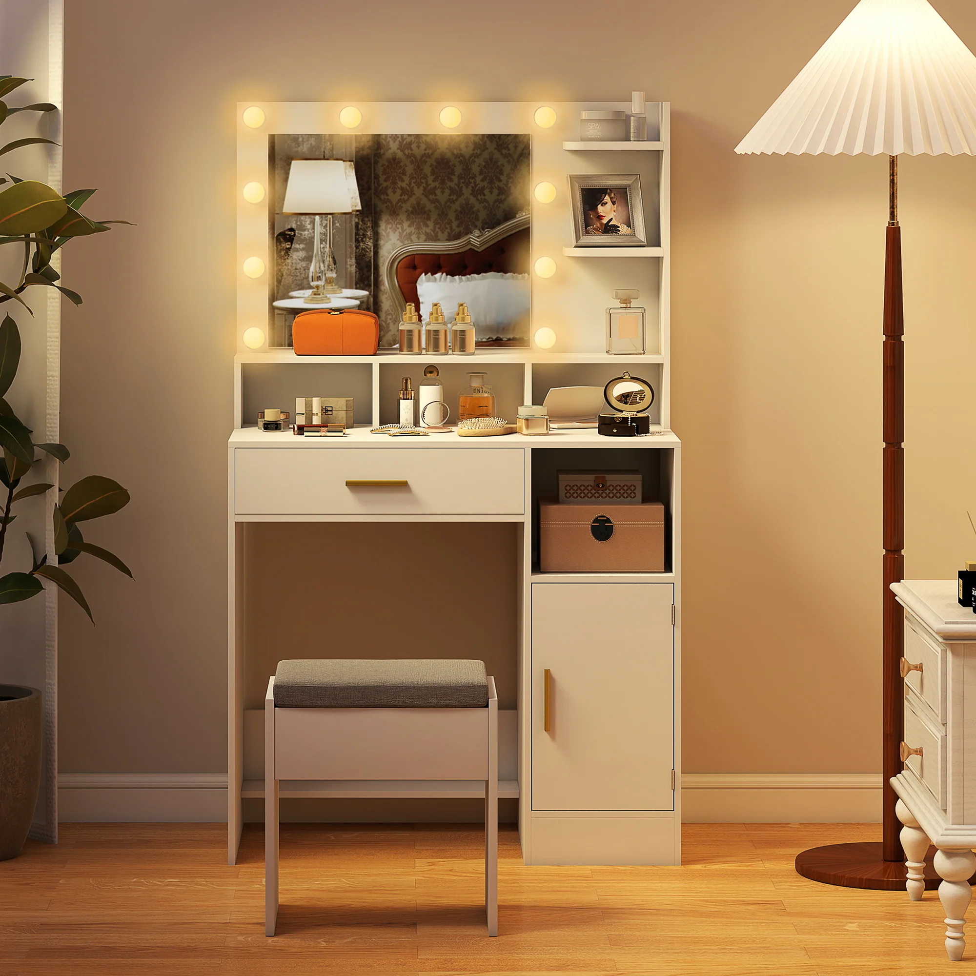 Coiffeuse avec miroir LED, table de maquillage moderne avec 10 lumières LED à 3 couleurs réglables, grand miroir, tiroir, placard et étagères ouvertes, pour chambre à coucher, blanc - Image 10