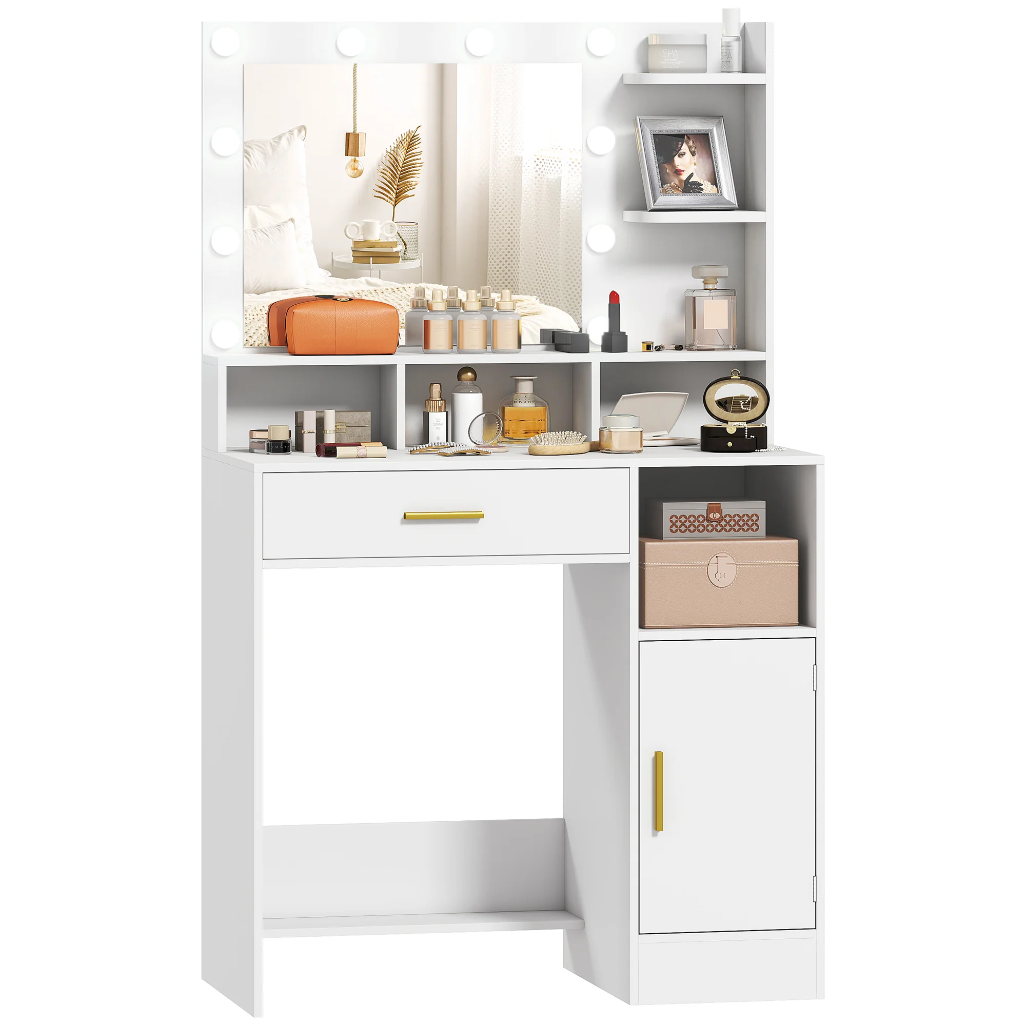 Coiffeuse avec miroir LED, table de maquillage moderne avec 10 lumières LED à 3 couleurs réglables, grand miroir, tiroir, placard et étagères ouvertes, pour chambre à coucher, blanc - Image 11