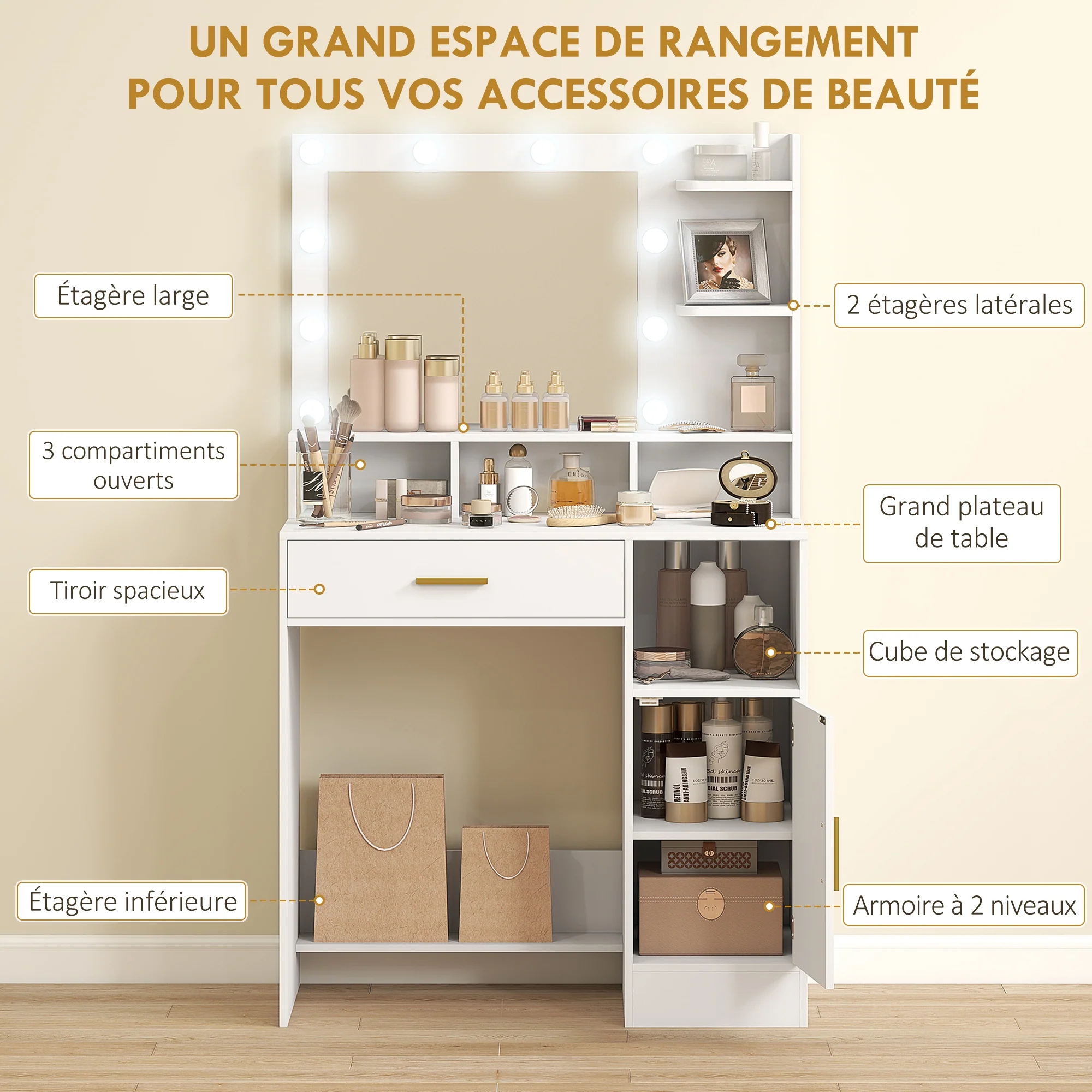Coiffeuse avec miroir LED, table de maquillage moderne avec 10 lumières LED à 3 couleurs réglables, grand miroir, tiroir, placard et étagères ouvertes, pour chambre à coucher, blanc - Image 6