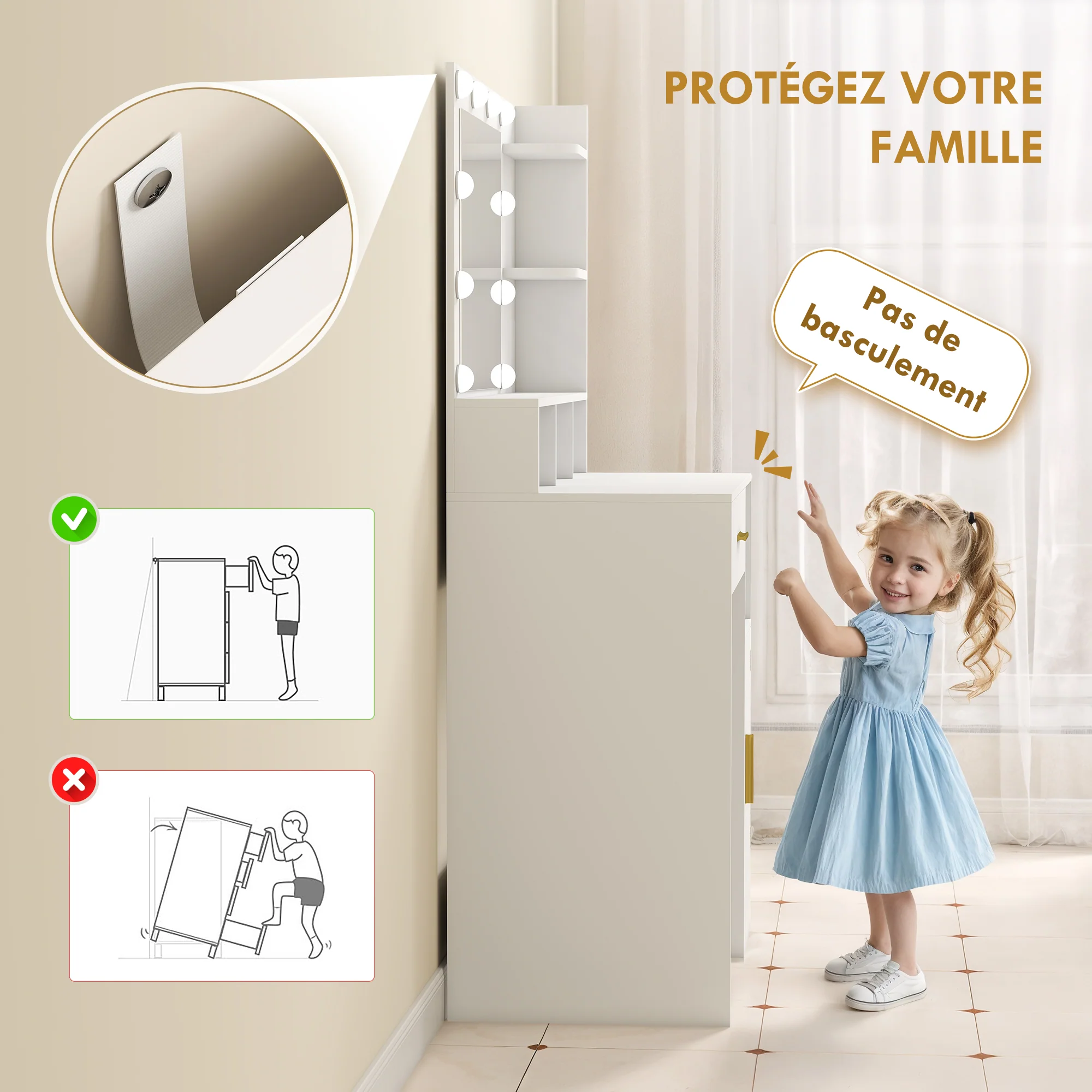 Coiffeuse avec miroir LED, table de maquillage moderne avec 10 lumières LED à 3 couleurs réglables, grand miroir, tiroir, placard et étagères ouvertes, pour chambre à coucher, blanc - Image 7