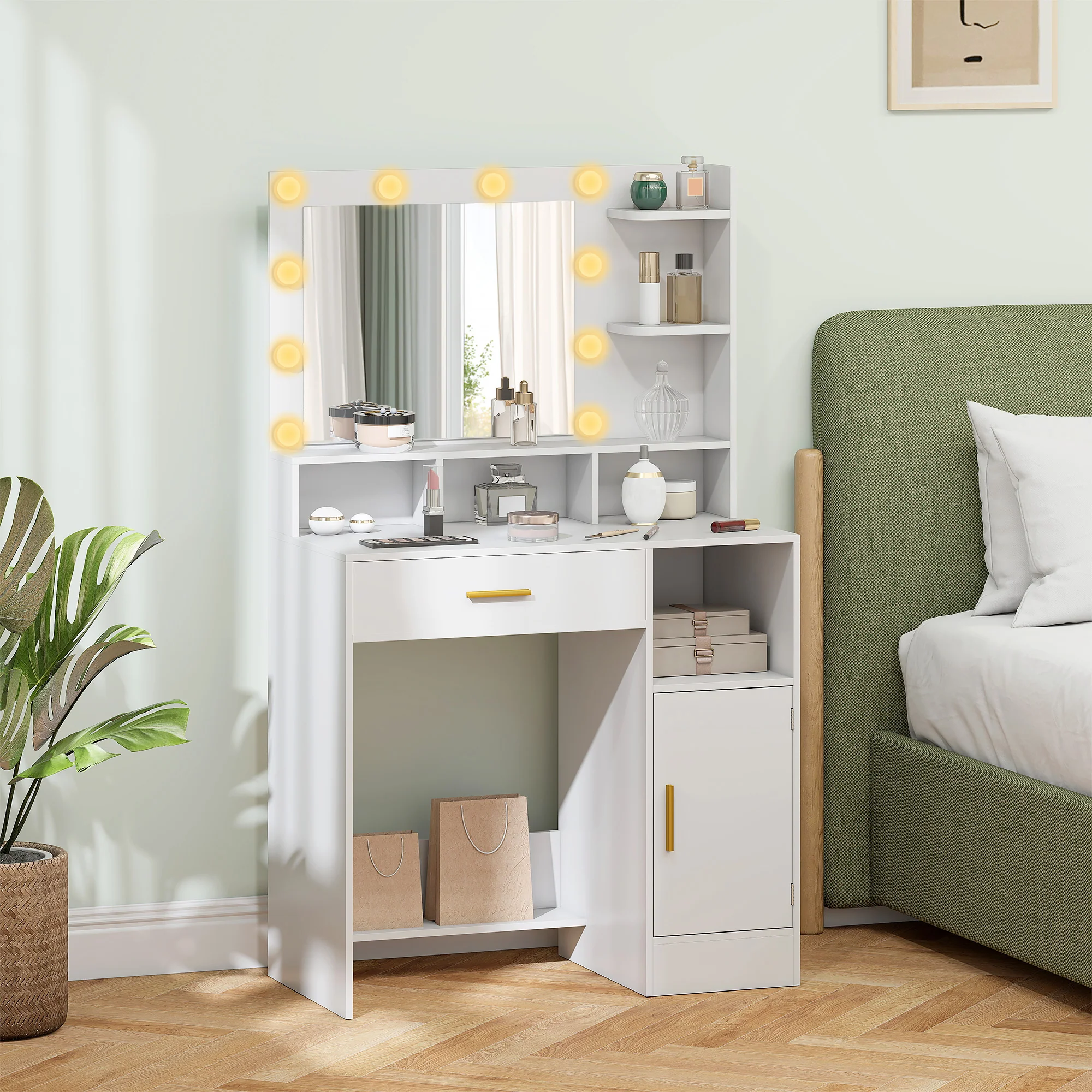 Coiffeuse avec miroir LED, table de maquillage moderne avec 10 lumières LED à 3 couleurs réglables, grand miroir, tiroir, placard et étagères ouvertes, pour chambre à coucher, blanc - Image 8