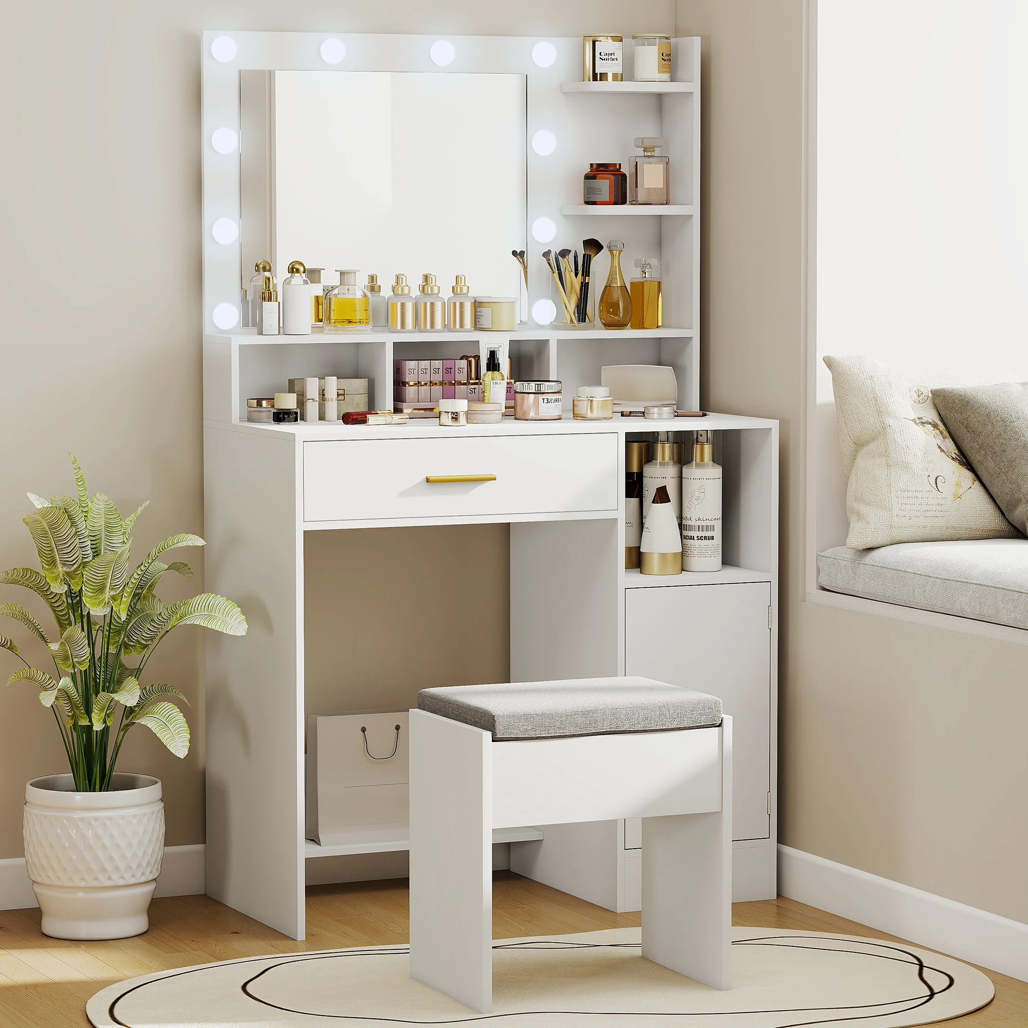 Coiffeuse avec miroir LED, table de maquillage moderne avec 10 lumières LED à 3 couleurs réglables, grand miroir, tiroir, placard et étagères ouvertes, pour chambre à coucher, blanc - Image 9