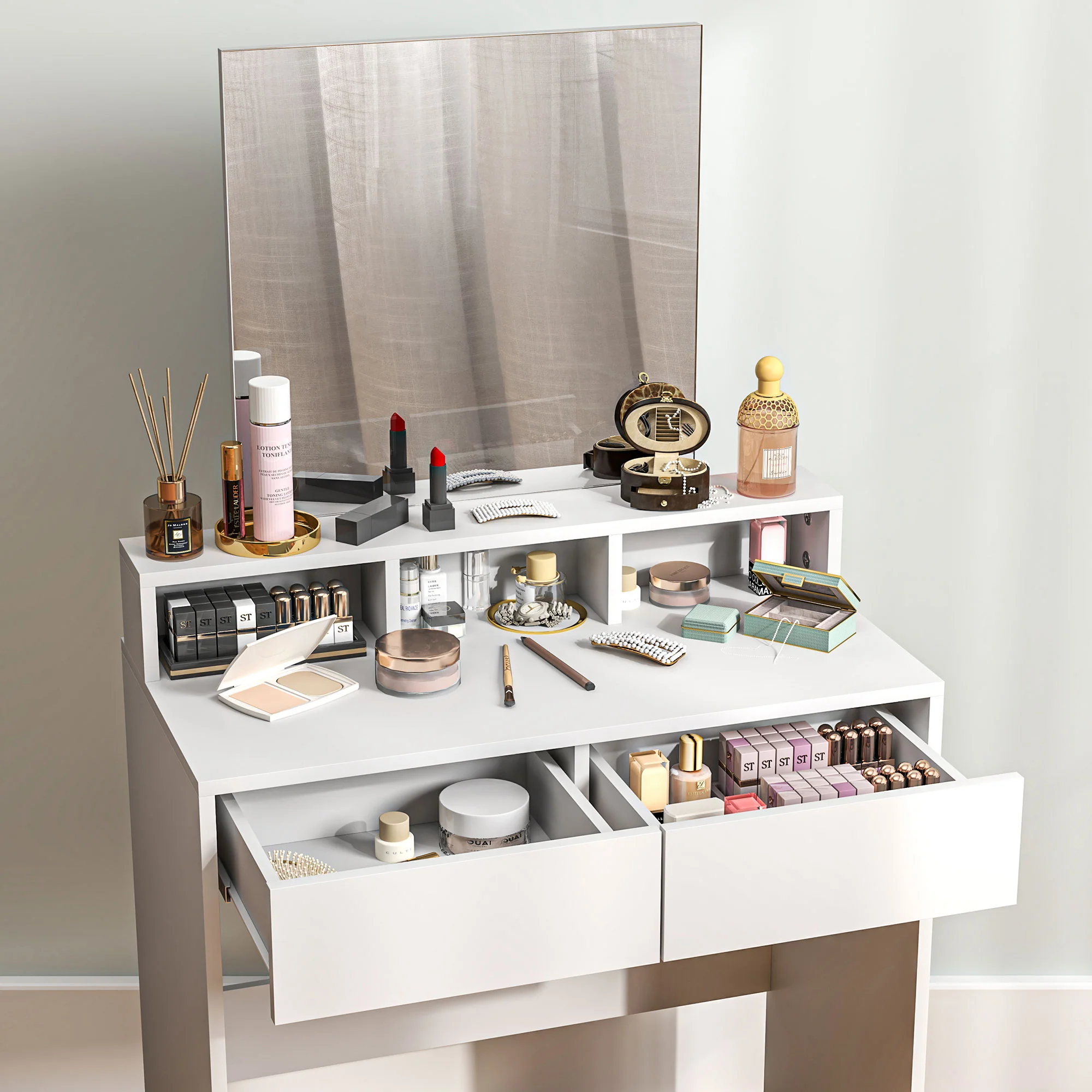 Coiffeuse avec miroir, table de maquillage avec 2 tiroirs et 3 compartiments, style moderne, pour chambre à coucher, 75 x 38 x 135 cm, blanc - Image 10