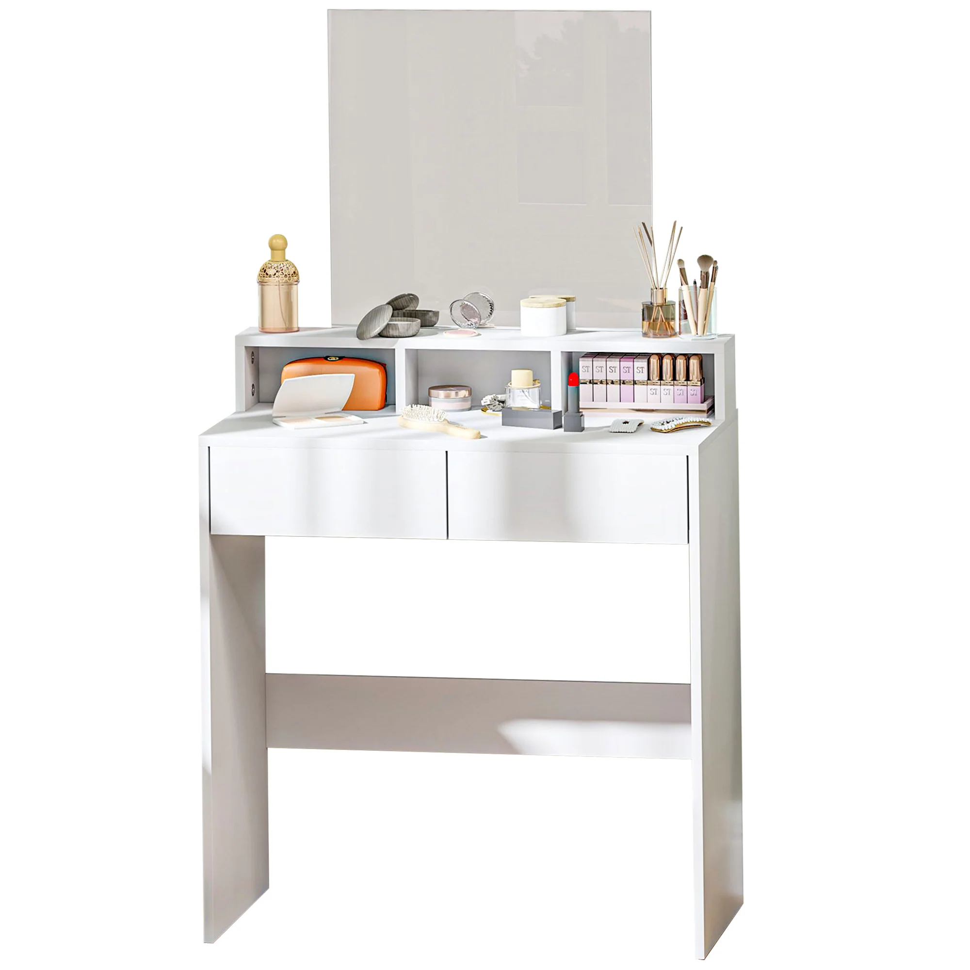 Coiffeuse avec miroir, table de maquillage avec 2 tiroirs et 3 compartiments, style moderne, pour chambre à coucher, 75 x 38 x 135 cm, blanc - Image 11