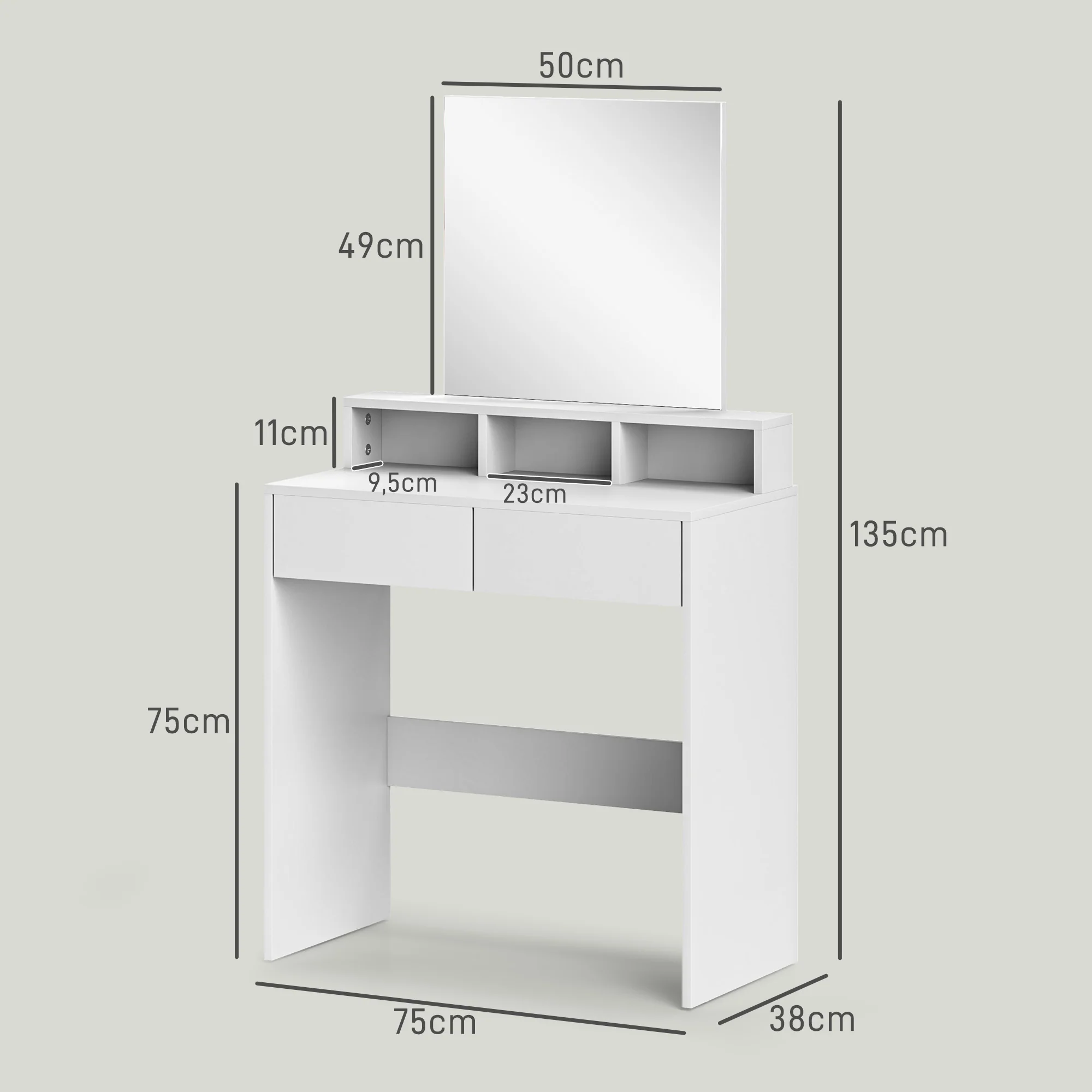 Coiffeuse avec miroir, table de maquillage avec 2 tiroirs et 3 compartiments, style moderne, pour chambre à coucher, 75 x 38 x 135 cm, blanc - Image 4
