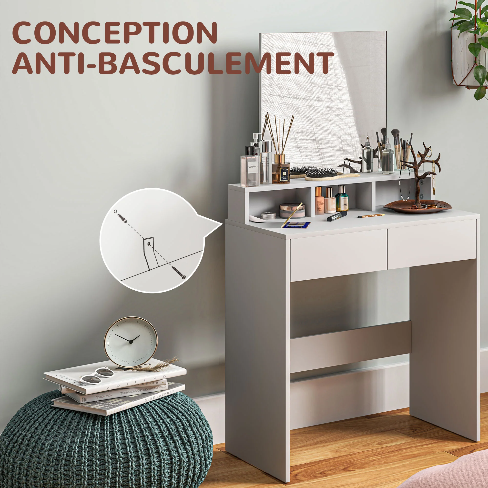 Coiffeuse avec miroir, table de maquillage avec 2 tiroirs et 3 compartiments, style moderne, pour chambre à coucher, 75 x 38 x 135 cm, blanc - Image 7