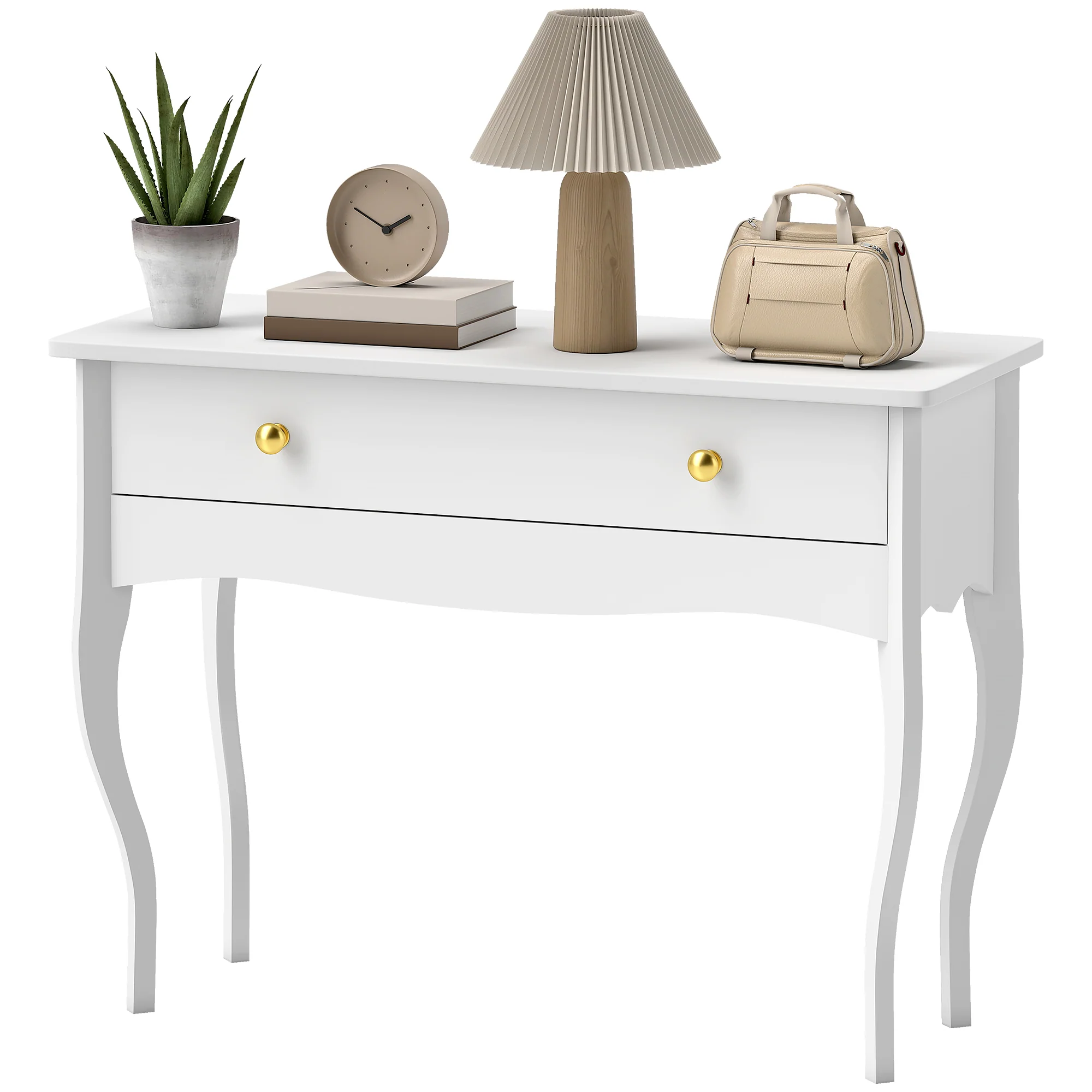 Coiffeuse, table de maquillage avec grand tiroir et pieds cabriole, bureau coiffeuse pour chambre à coucher, 100 x 40 x 74 cm, blanc