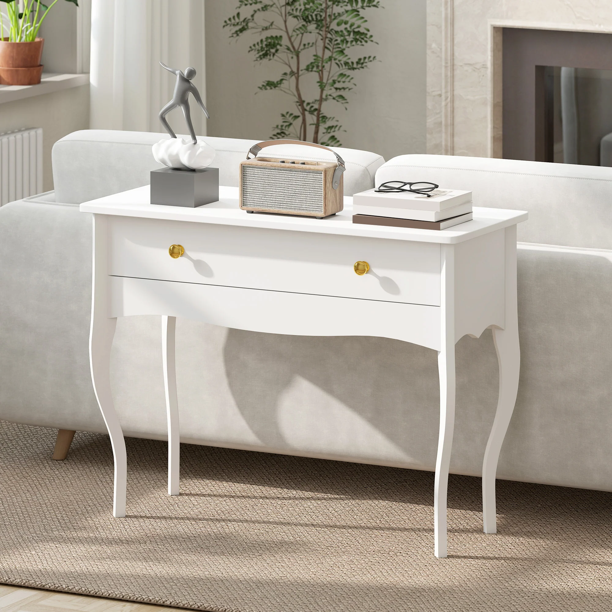 Coiffeuse, table de maquillage avec grand tiroir et pieds cabriole, bureau coiffeuse pour chambre à coucher, 100 x 40 x 74 cm, blanc - Image 10