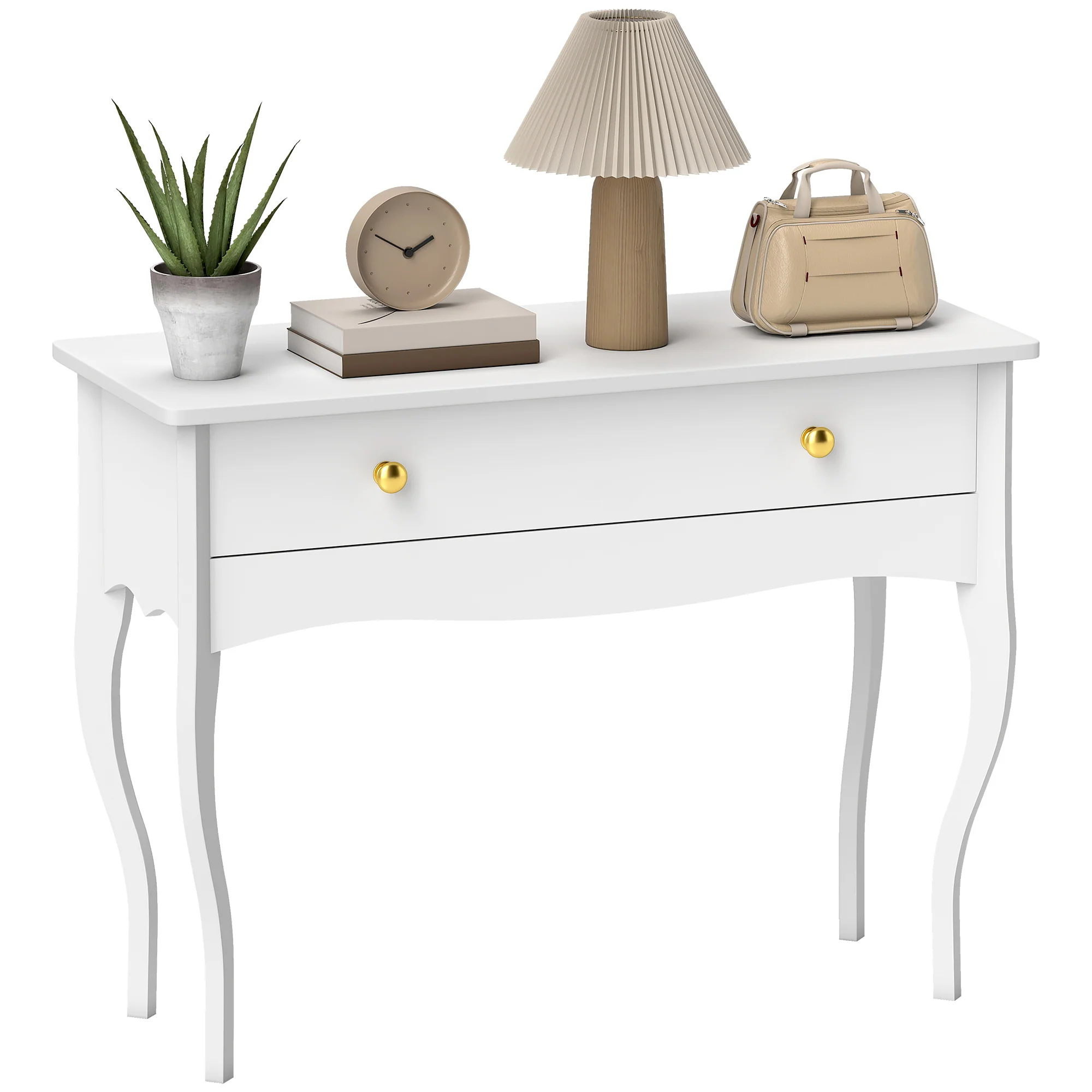 Coiffeuse, table de maquillage avec grand tiroir et pieds cabriole, bureau coiffeuse pour chambre à coucher, 100 x 40 x 74 cm, blanc - Image 11