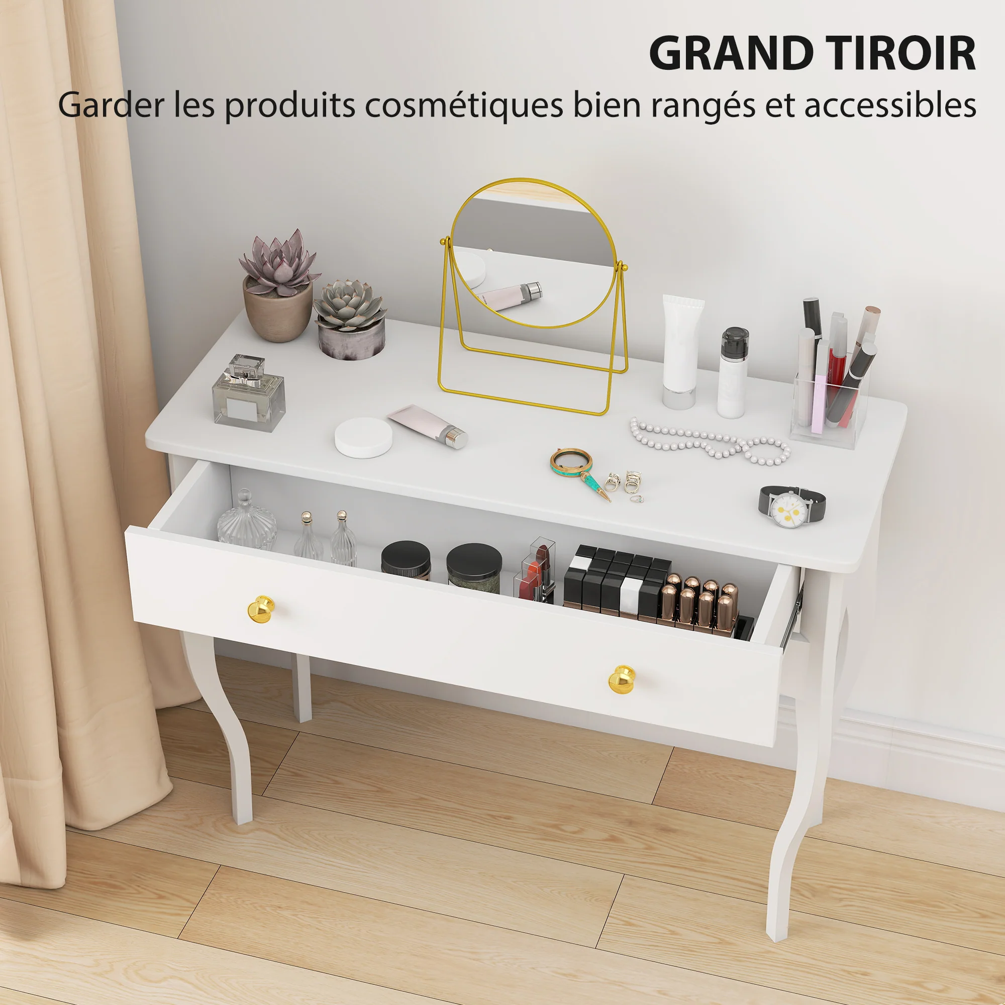 Coiffeuse, table de maquillage avec grand tiroir et pieds cabriole, bureau coiffeuse pour chambre à coucher, 100 x 40 x 74 cm, blanc - Image 5
