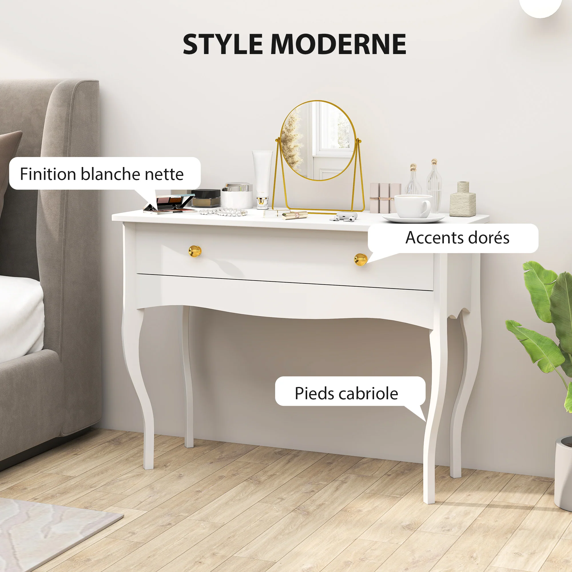 Coiffeuse, table de maquillage avec grand tiroir et pieds cabriole, bureau coiffeuse pour chambre à coucher, 100 x 40 x 74 cm, blanc - Image 6