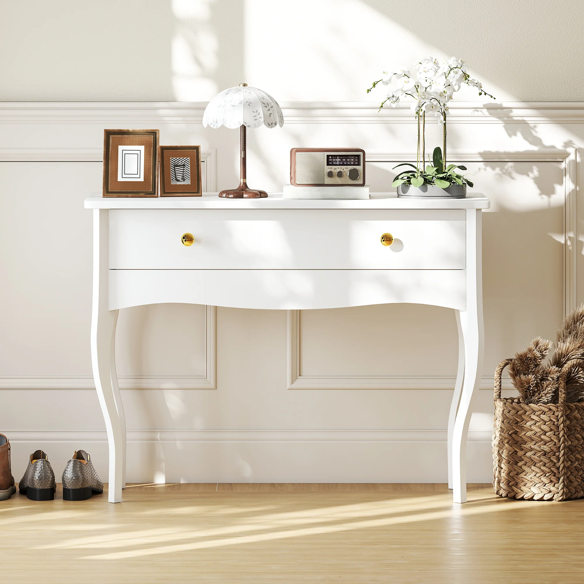 Coiffeuse, table de maquillage avec grand tiroir et pieds cabriole, bureau coiffeuse pour chambre à coucher, 100 x 40 x 74 cm, blanc - Image 8