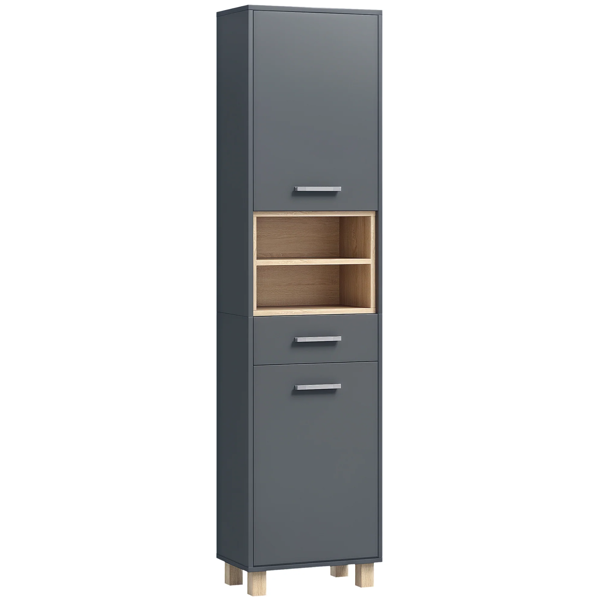 Colonne salle de bain, meuble salle de bain rangement, meuble de rangement avec 2 placards, tiroir et 2 compartiments ouverts, armoire haute pour salon, cuisine - 40 x 24 x 160 cm, gris - Image 11