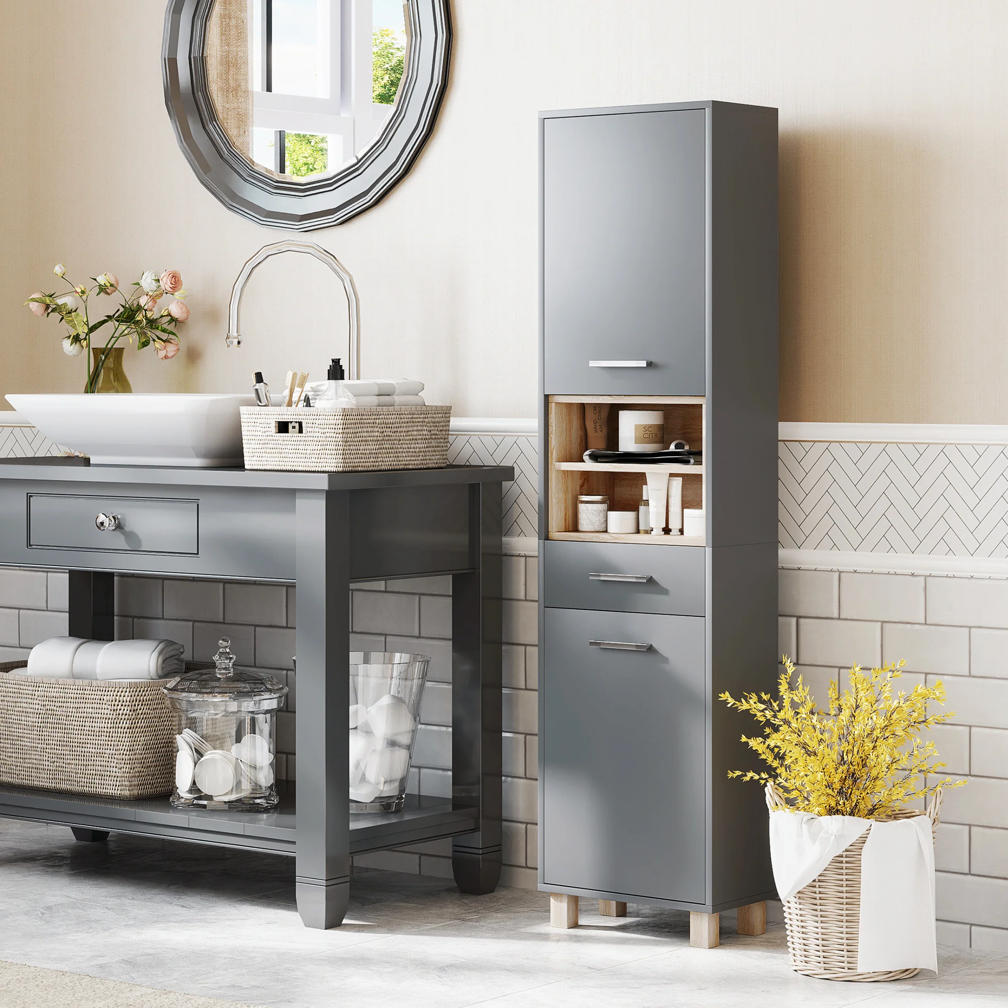 Colonne salle de bain, meuble salle de bain rangement, meuble de rangement avec 2 placards, tiroir et 2 compartiments ouverts, armoire haute pour salon, cuisine - 40 x 24 x 160 cm, gris - Image 3