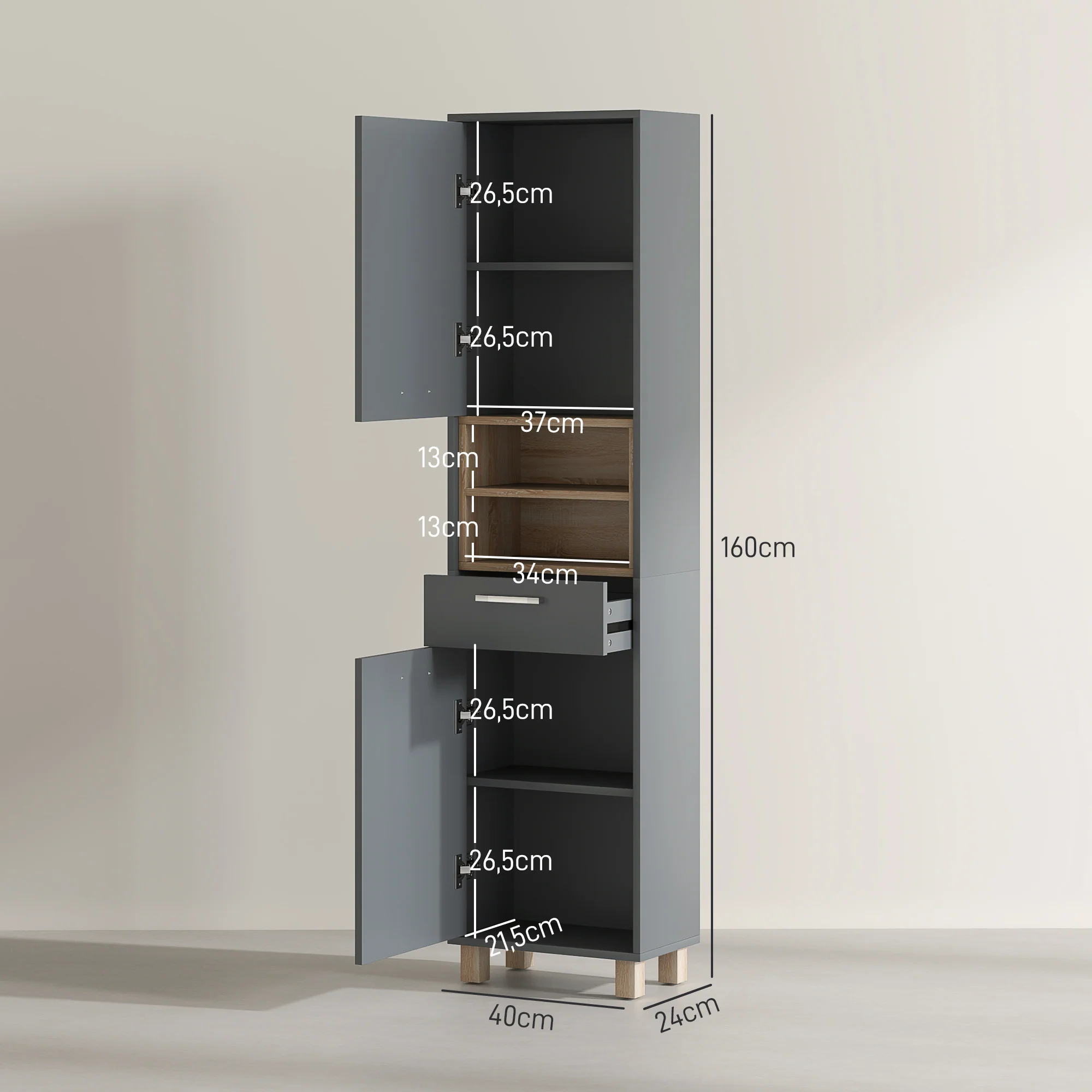 Colonne salle de bain, meuble salle de bain rangement, meuble de rangement avec 2 placards, tiroir et 2 compartiments ouverts, armoire haute pour salon, cuisine - 40 x 24 x 160 cm, gris - Image 4
