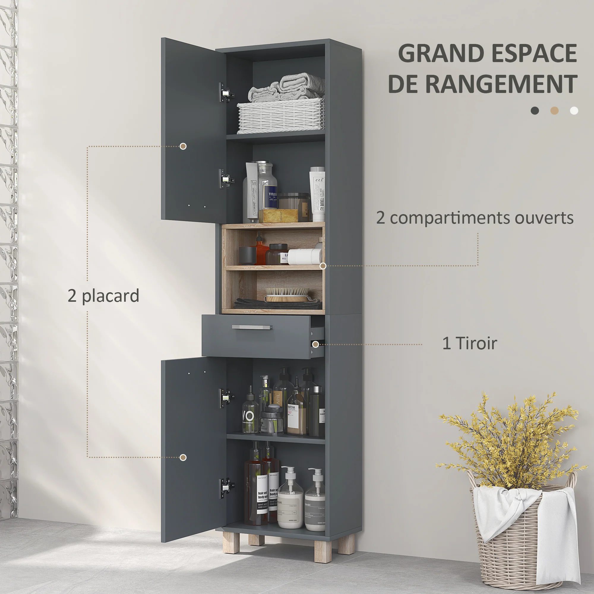 Colonne salle de bain, meuble salle de bain rangement, meuble de rangement avec 2 placards, tiroir et 2 compartiments ouverts, armoire haute pour salon, cuisine - 40 x 24 x 160 cm, gris - Image 5