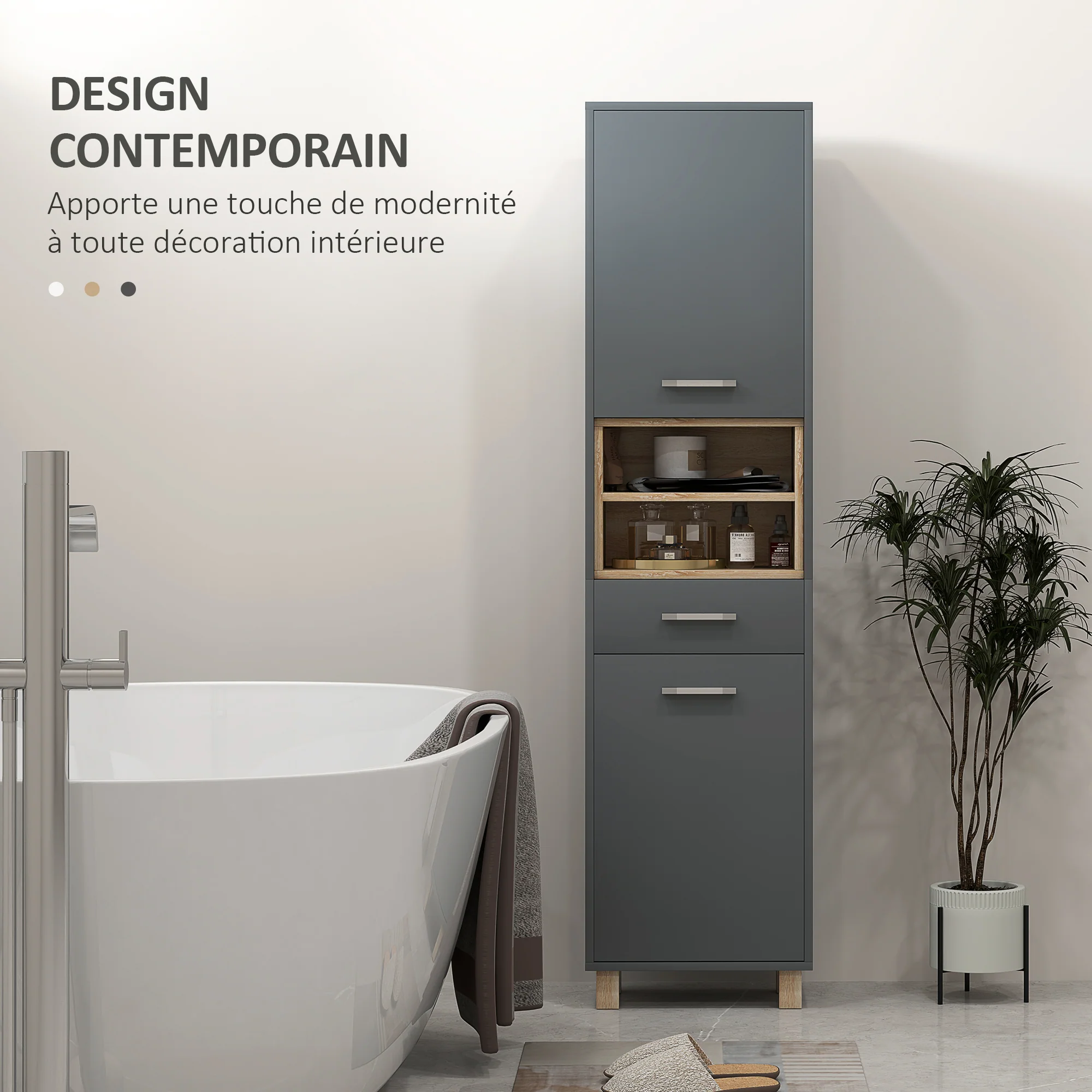 Colonne salle de bain, meuble salle de bain rangement, meuble de rangement avec 2 placards, tiroir et 2 compartiments ouverts, armoire haute pour salon, cuisine - 40 x 24 x 160 cm, gris - Image 6