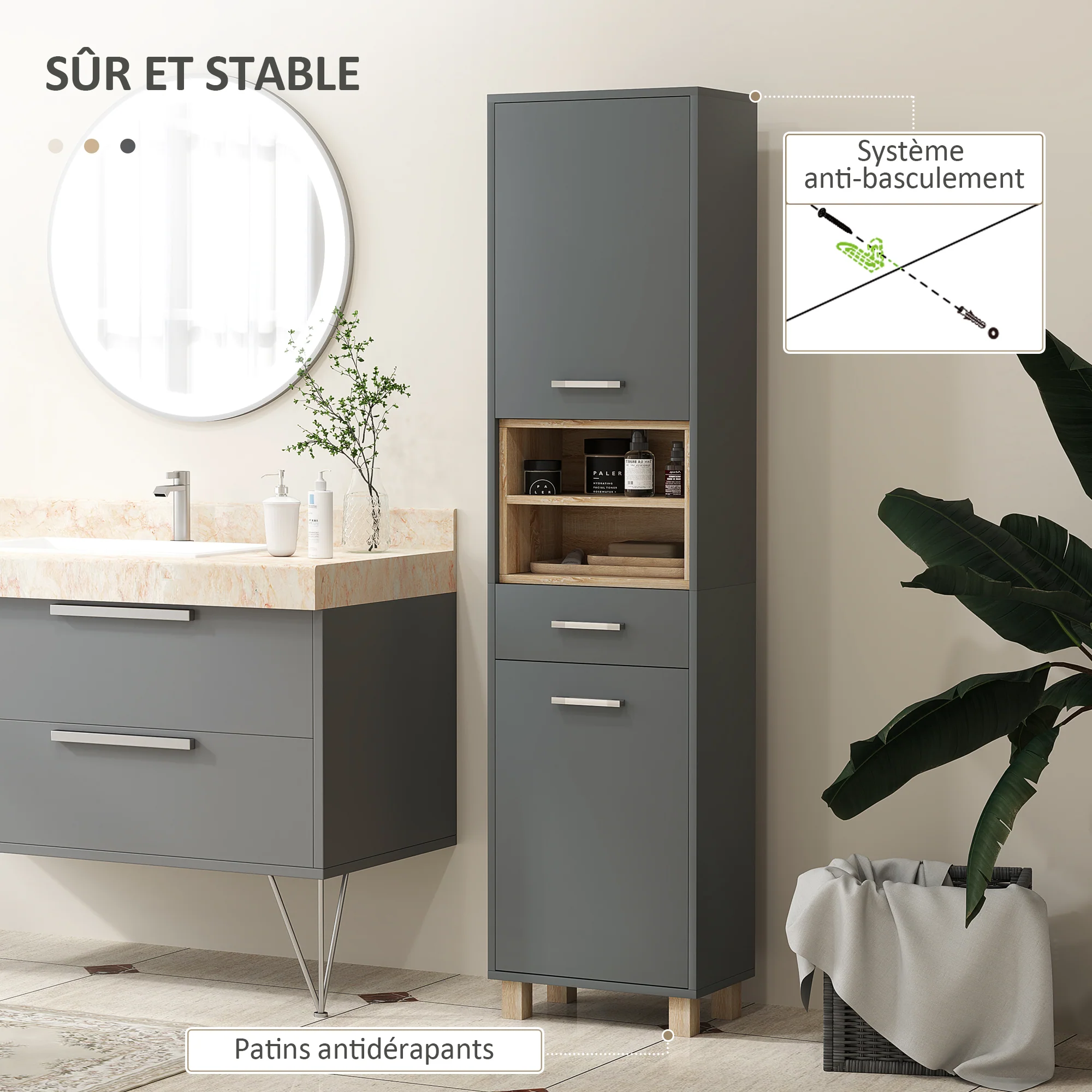 Colonne salle de bain, meuble salle de bain rangement, meuble de rangement avec 2 placards, tiroir et 2 compartiments ouverts, armoire haute pour salon, cuisine - 40 x 24 x 160 cm, gris - Image 7