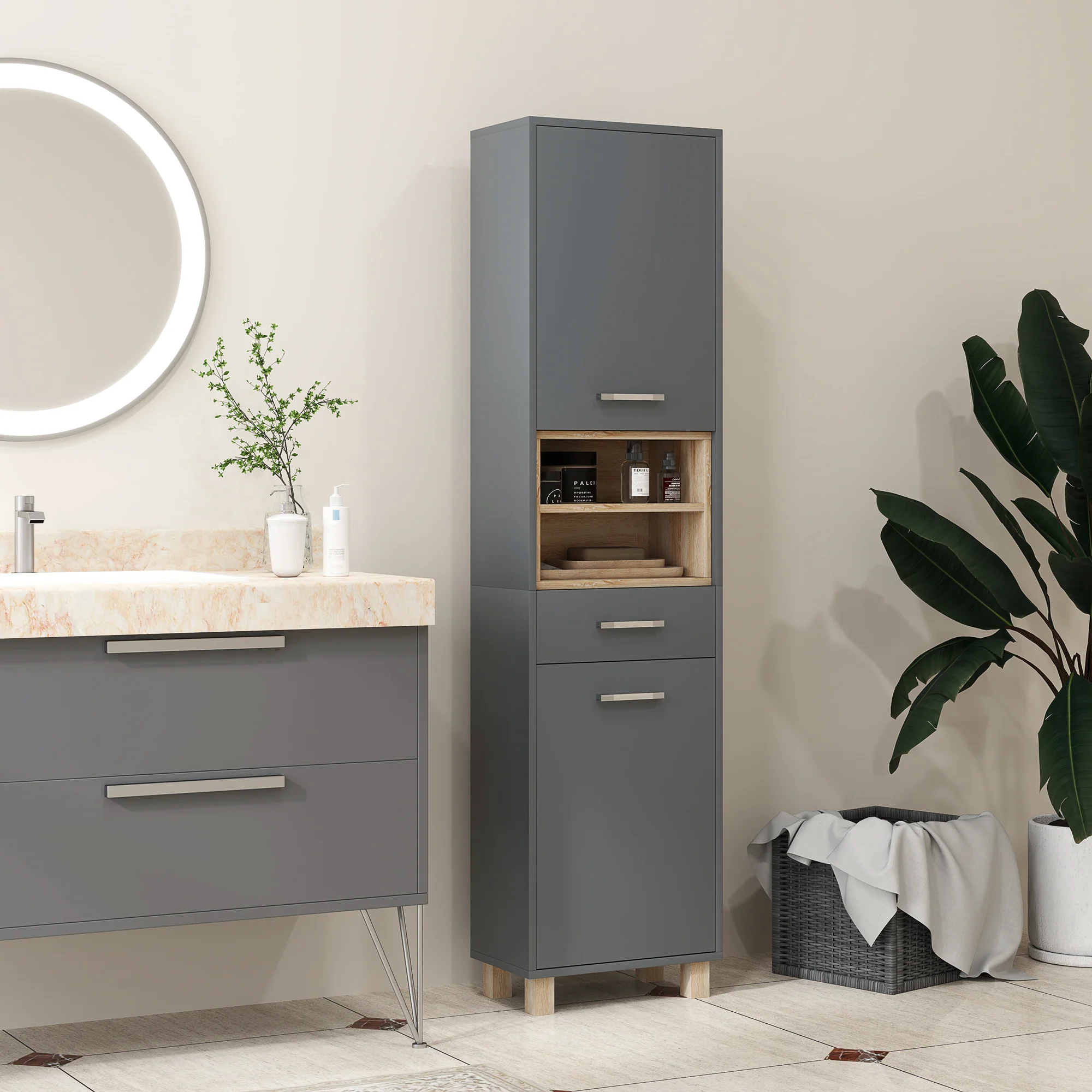 Colonne salle de bain, meuble salle de bain rangement, meuble de rangement avec 2 placards, tiroir et 2 compartiments ouverts, armoire haute pour salon, cuisine - 40 x 24 x 160 cm, gris - Image 8