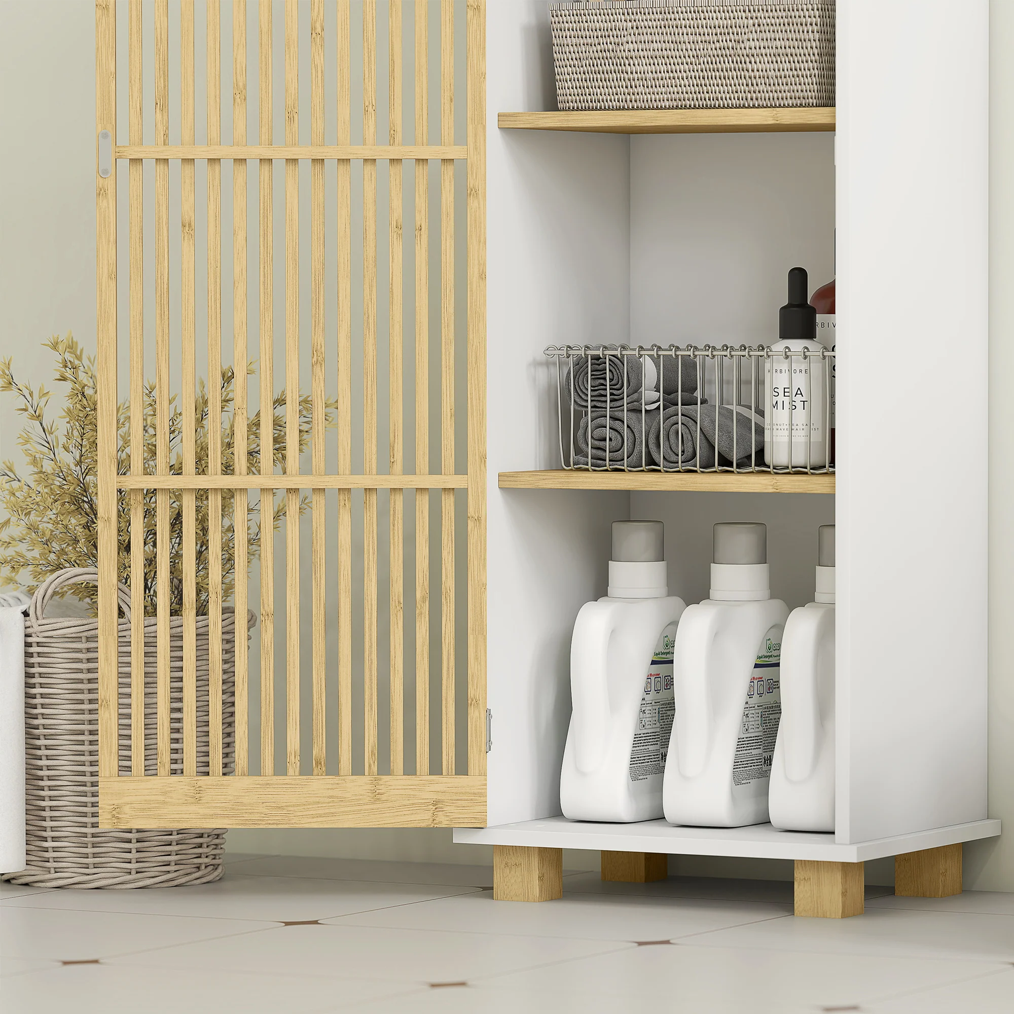Colonne salle de bain, meuble salle de bain rangement, meuble de rangement avec porte à lattes en bambou et compartiments ouverts, armoire haute pour salon, cuisine - 35 x 26 x 173 cm, blanc - Image 10