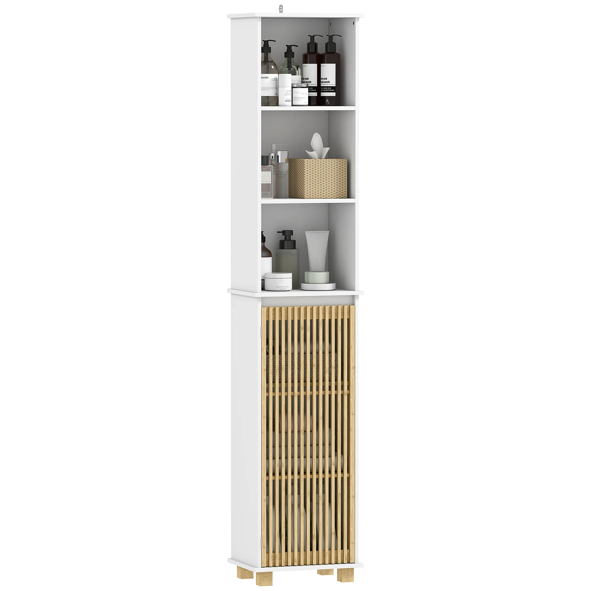 Colonne salle de bain, meuble salle de bain rangement, meuble de rangement avec porte à lattes en bambou et compartiments ouverts, armoire haute pour salon, cuisine - 35 x 26 x 173 cm, blanc - Image 11
