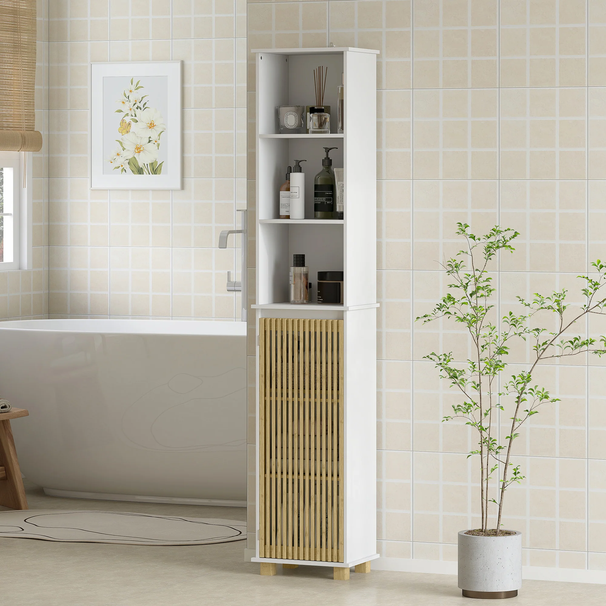 Colonne salle de bain, meuble salle de bain rangement, meuble de rangement avec porte à lattes en bambou et compartiments ouverts, armoire haute pour salon, cuisine - 35 x 26 x 173 cm, blanc - Image 3