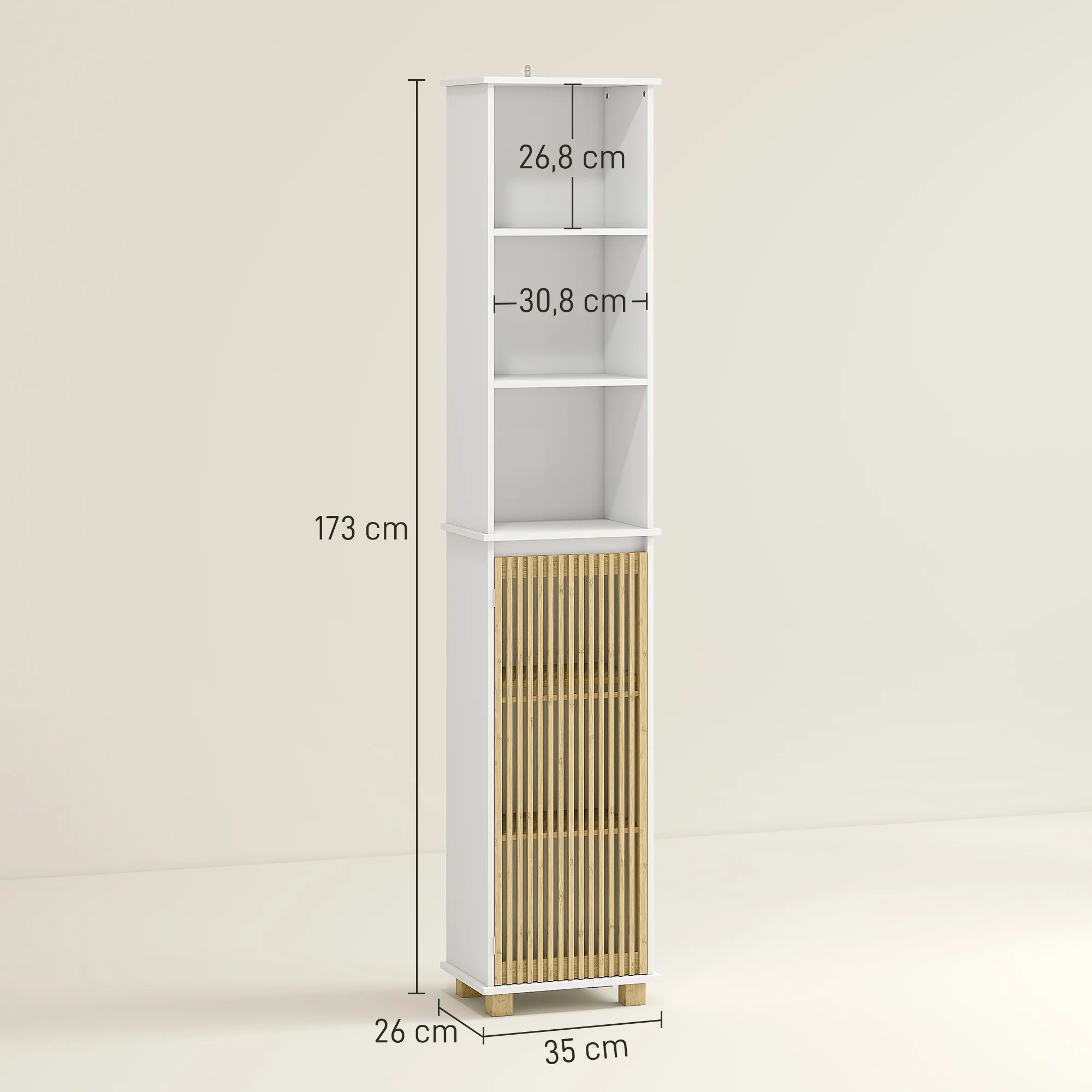 Colonne salle de bain, meuble salle de bain rangement, meuble de rangement avec porte à lattes en bambou et compartiments ouverts, armoire haute pour salon, cuisine - 35 x 26 x 173 cm, blanc - Image 4