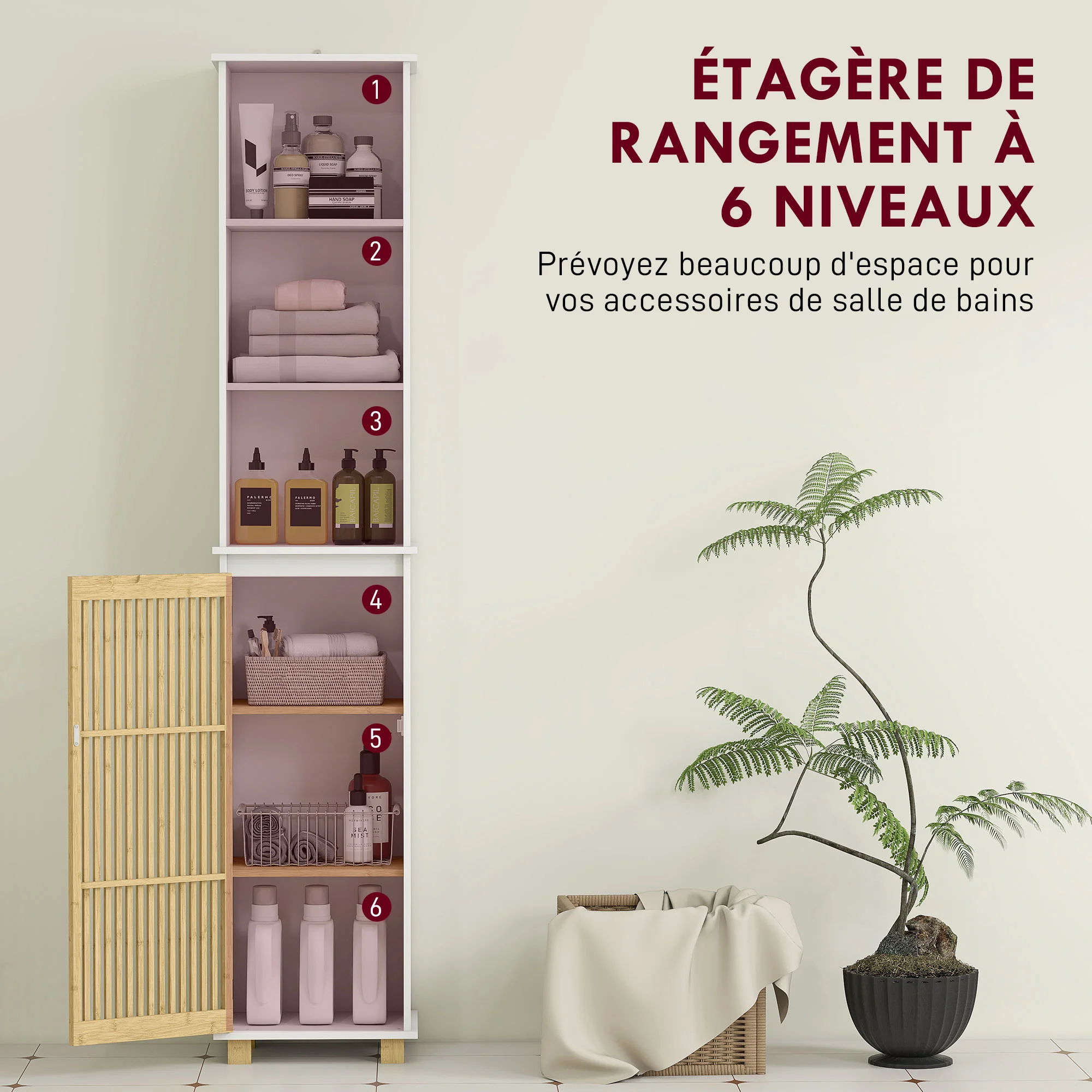 Colonne salle de bain, meuble salle de bain rangement, meuble de rangement avec porte à lattes en bambou et compartiments ouverts, armoire haute pour salon, cuisine - 35 x 26 x 173 cm, blanc - Image 5