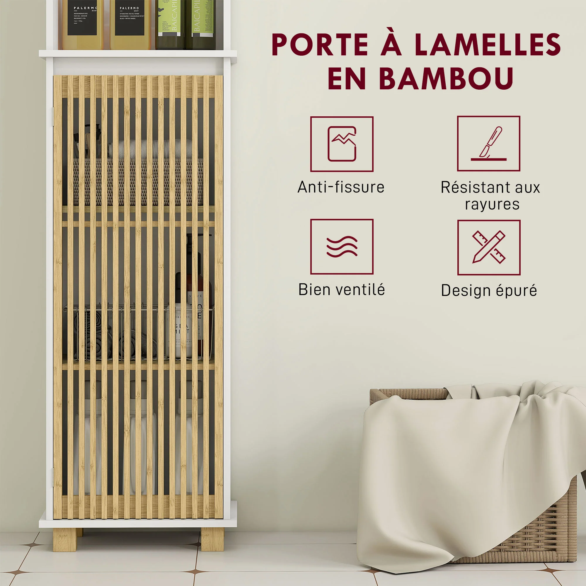 Colonne salle de bain, meuble salle de bain rangement, meuble de rangement avec porte à lattes en bambou et compartiments ouverts, armoire haute pour salon, cuisine - 35 x 26 x 173 cm, blanc - Image 6
