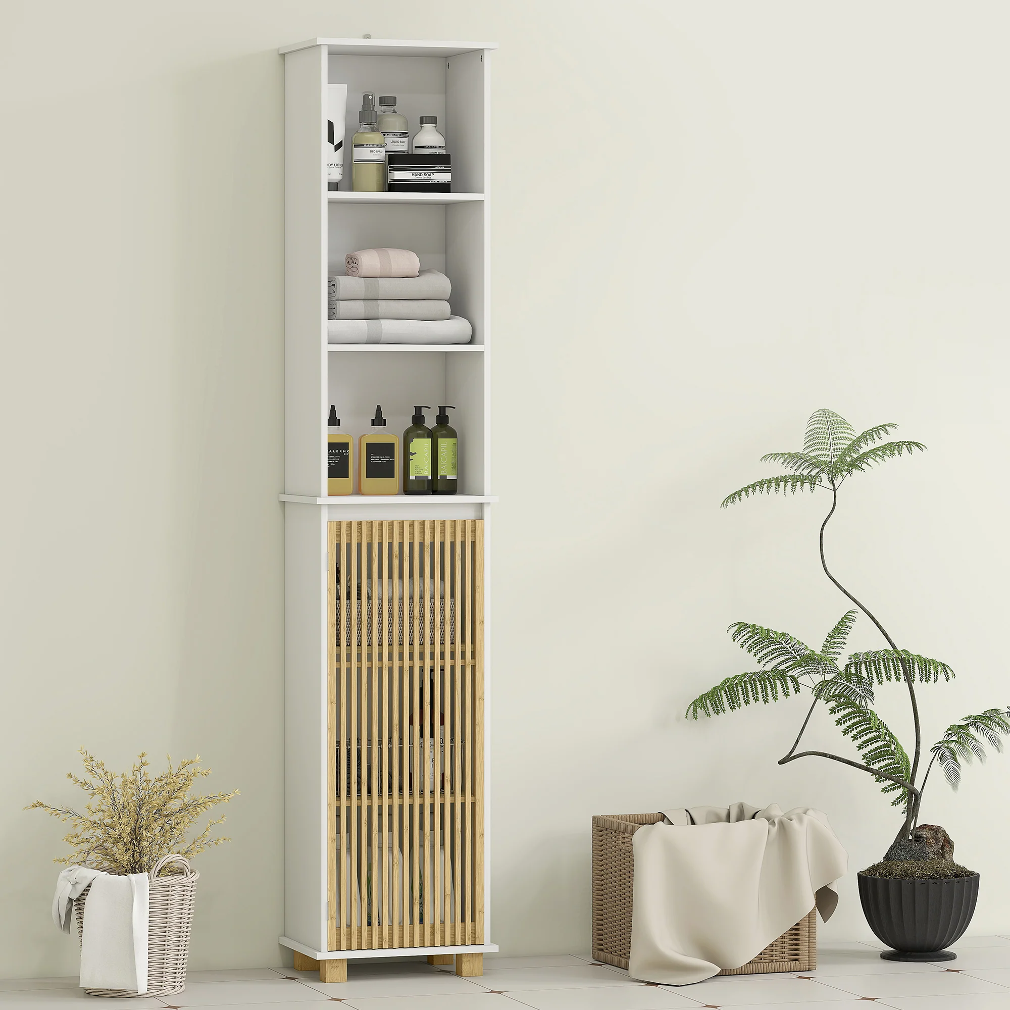 Colonne salle de bain, meuble salle de bain rangement, meuble de rangement avec porte à lattes en bambou et compartiments ouverts, armoire haute pour salon, cuisine - 35 x 26 x 173 cm, blanc - Image 8