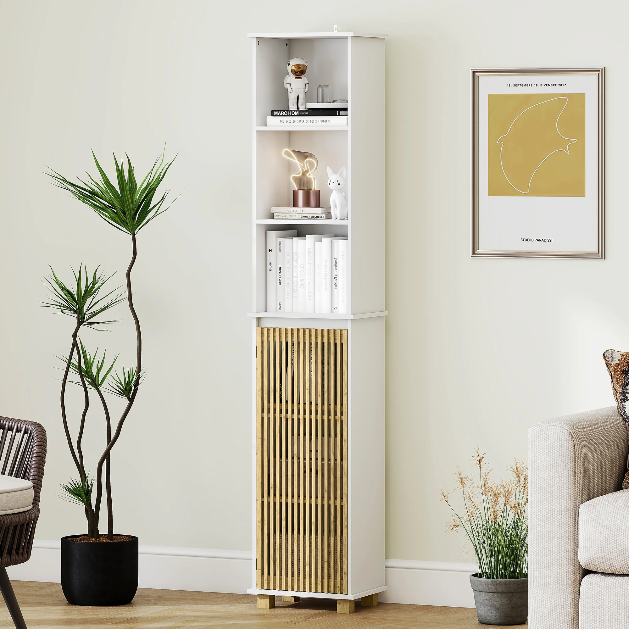 Colonne salle de bain, meuble salle de bain rangement, meuble de rangement avec porte à lattes en bambou et compartiments ouverts, armoire haute pour salon, cuisine - 35 x 26 x 173 cm, blanc - Image 9